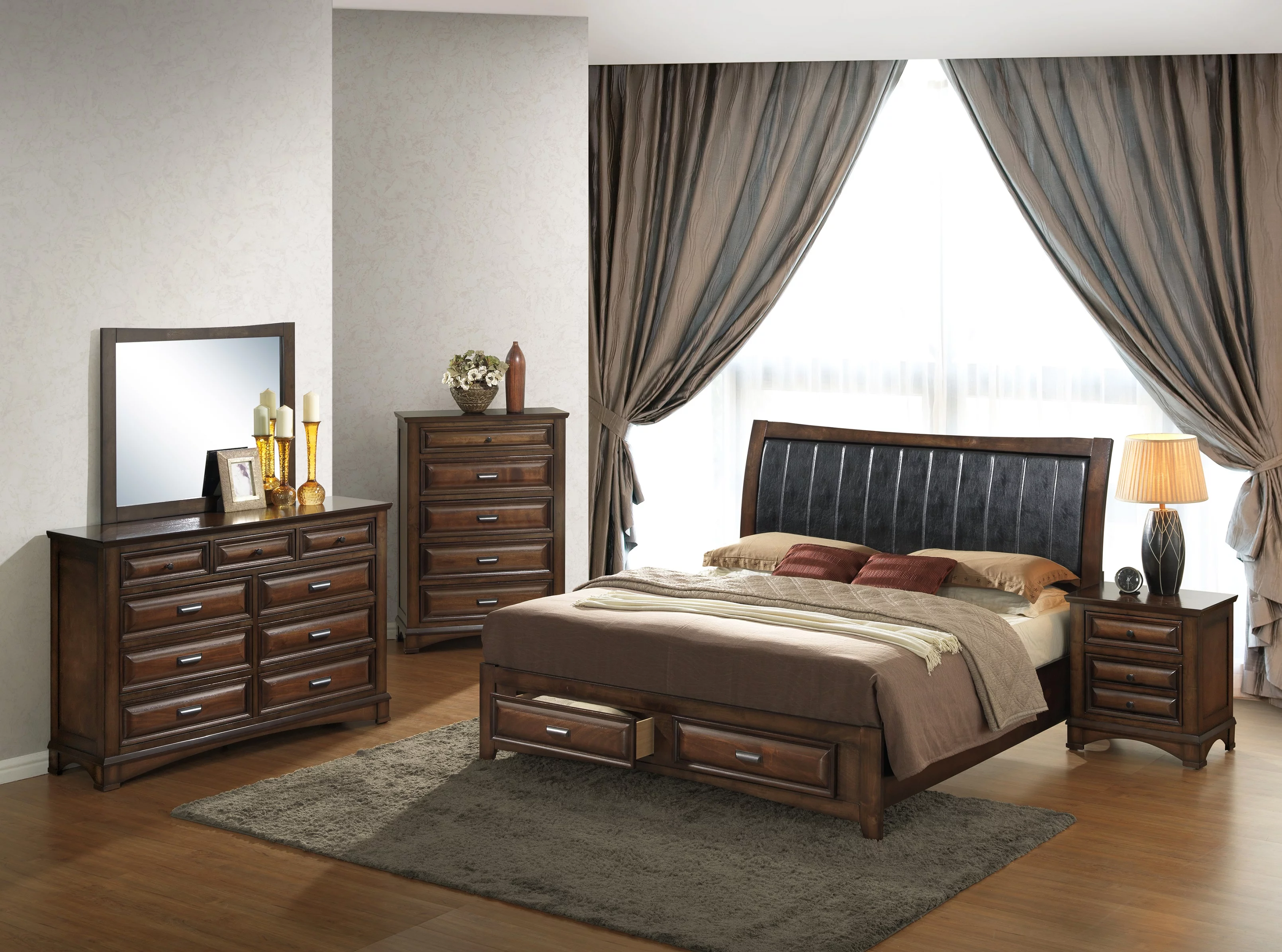 Broval Wood Bed Room Set, Storage Bed, Dresser, Mirror, Nightstand, Chest, Espresso Finish , King Size