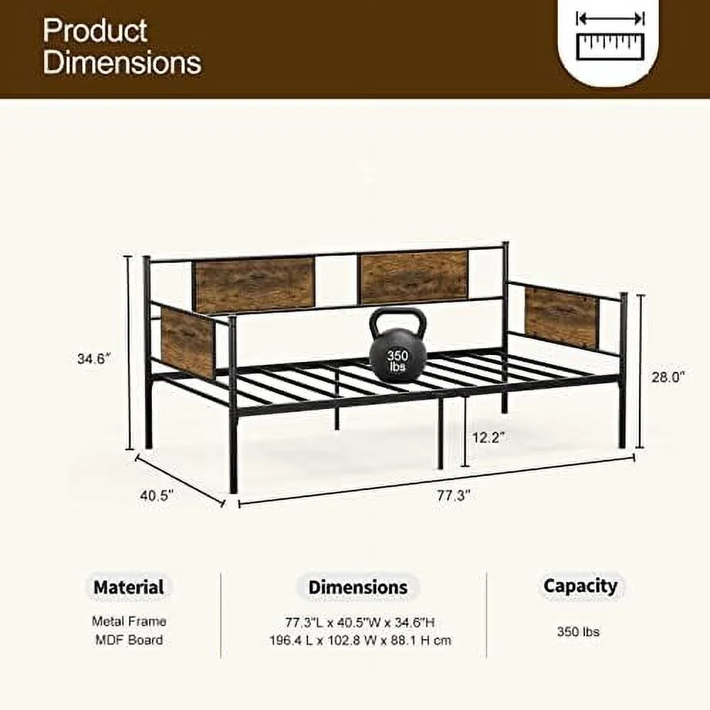 YZboomLife Twin Size Metal Daybed Frame  Heavy Duty Steel Slats Support  Sofa Bed Platform Mattress Foundation  Farmhouse Industrial Style  Multi-Functional  - Black/Rustic Brown