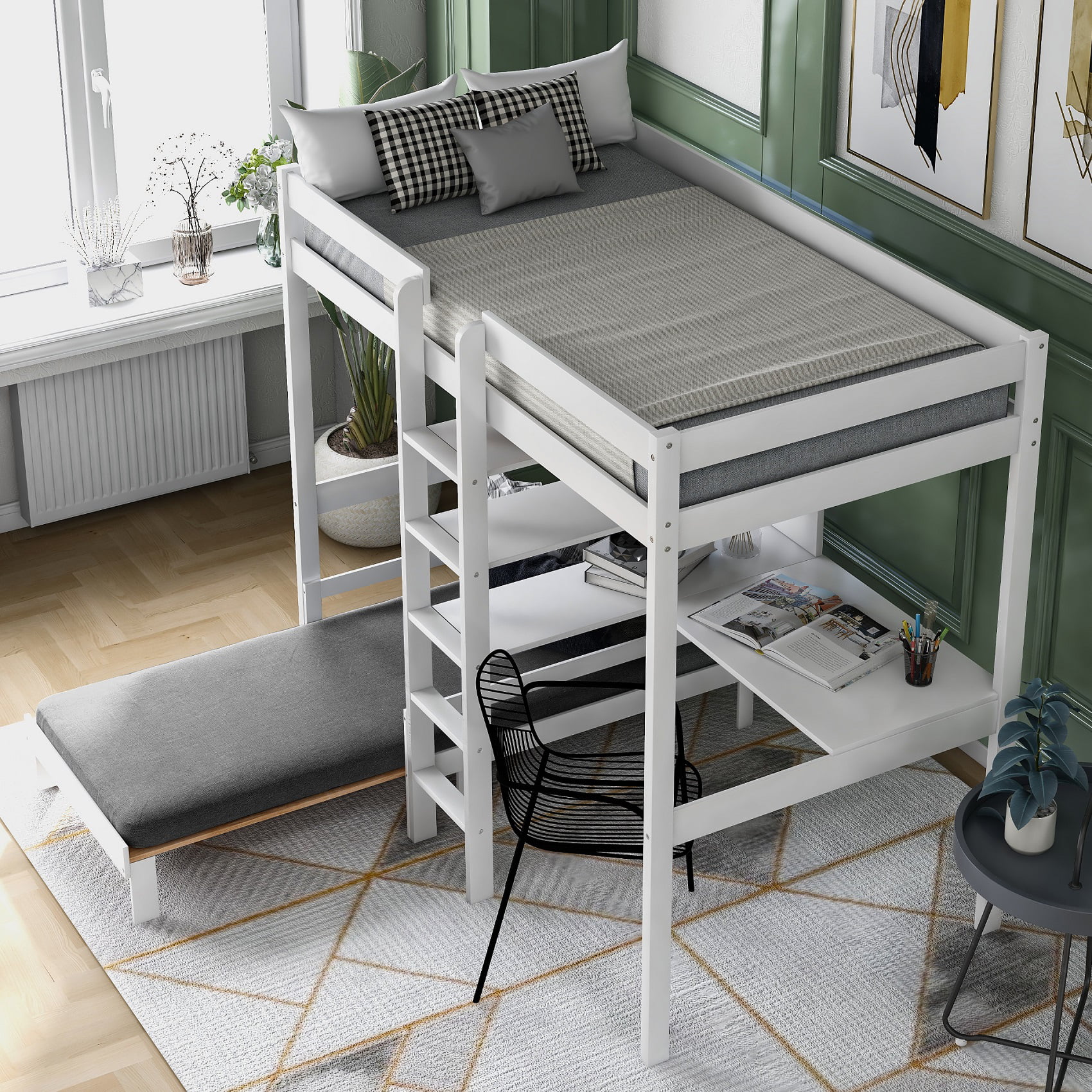 Twin Bunk Bed with Shelves and Ladder for Boys and Girls Convertible Loft Bed with L-Shape Desk and One Mattress