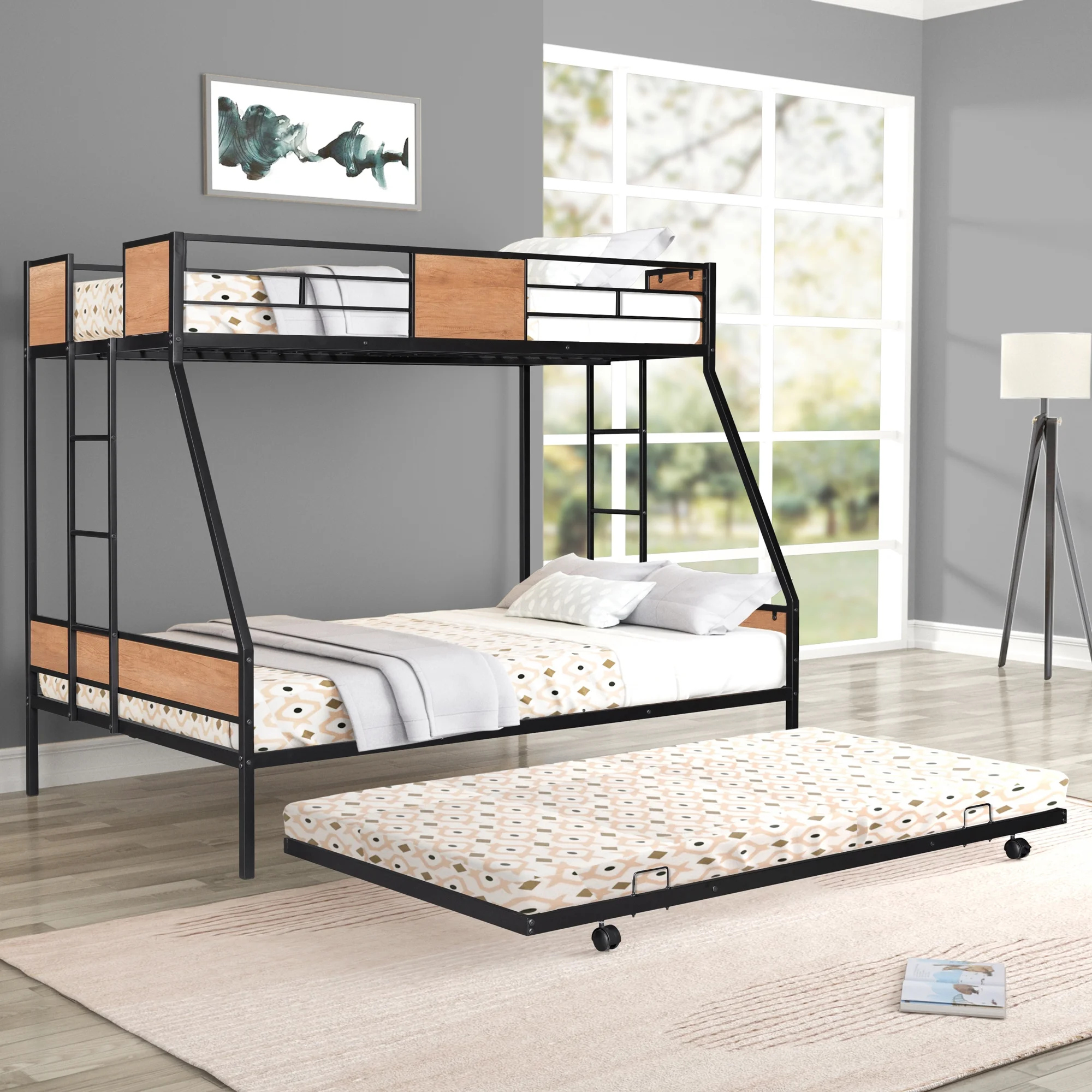 Gewnee Twin Over Full Metal Bunk Bed with Trundle and Two Ladders for Kids Room, Black