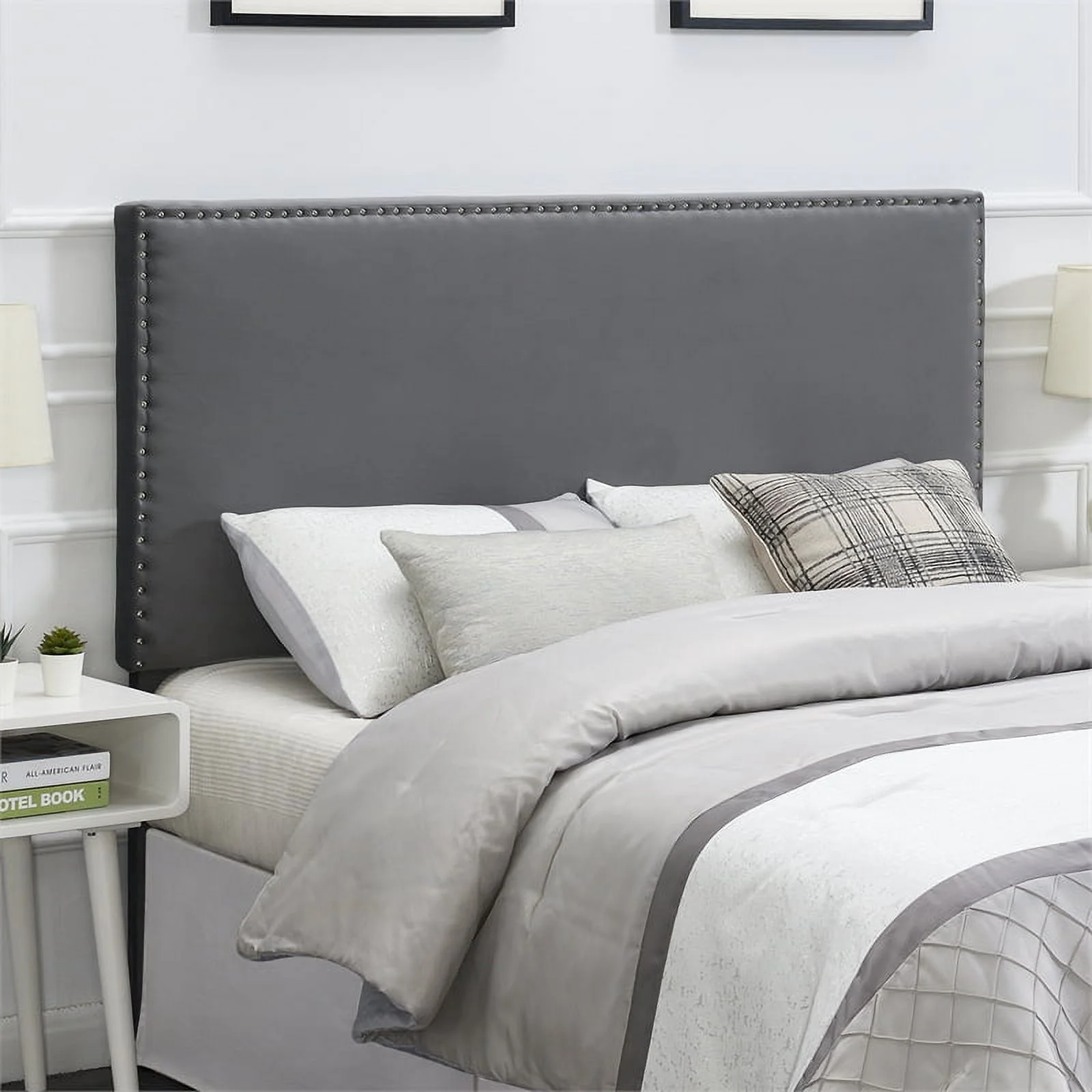 Bergen Gray Polyester Fabric Upholstered Queen Headboard with Nailhead Trim