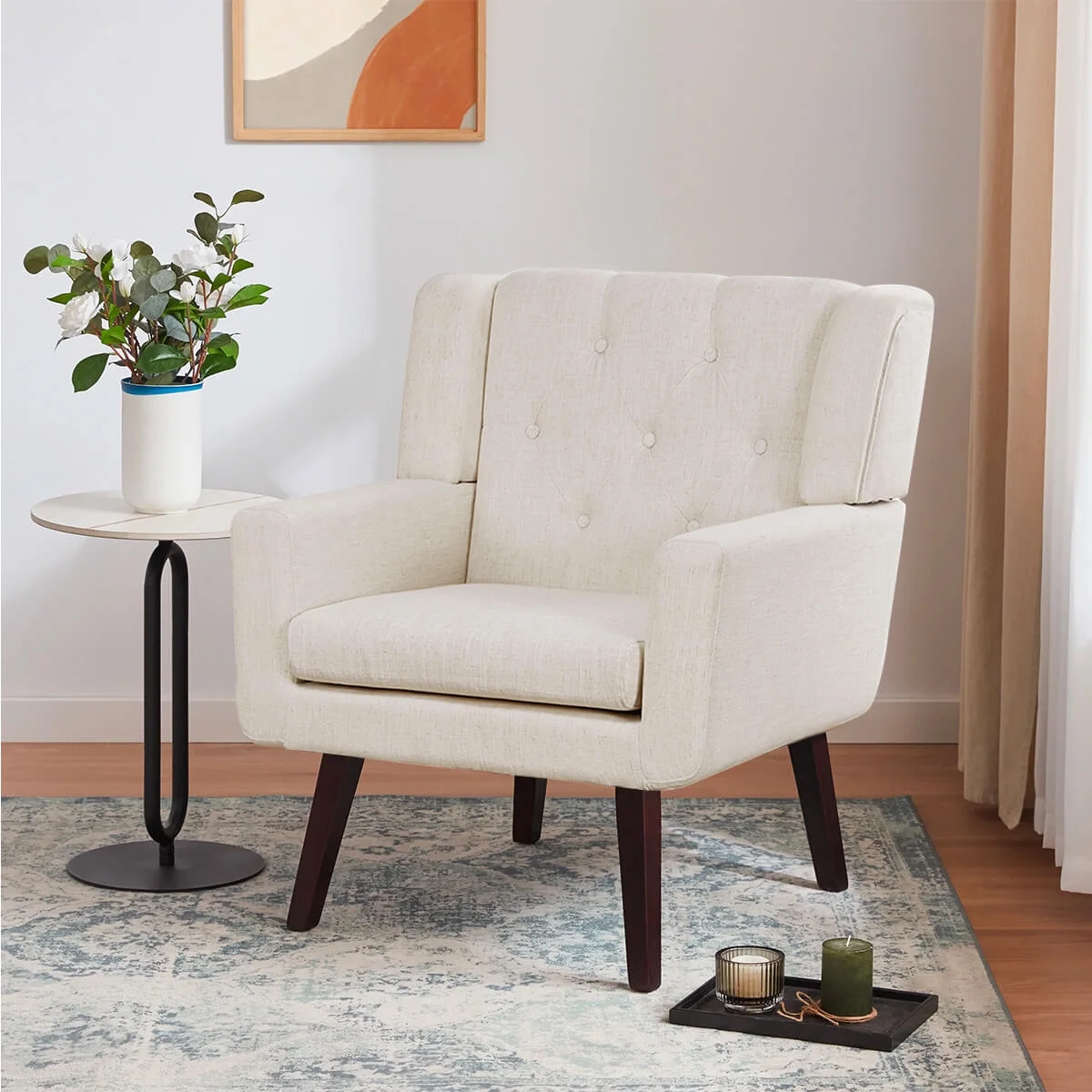 Accent Chair, Comfy Upholstered Mid Century Modern Armchair, Button-Tufted with Linen Fabric Lounge Arm Chairs for Living Room Bedroom (Beige)