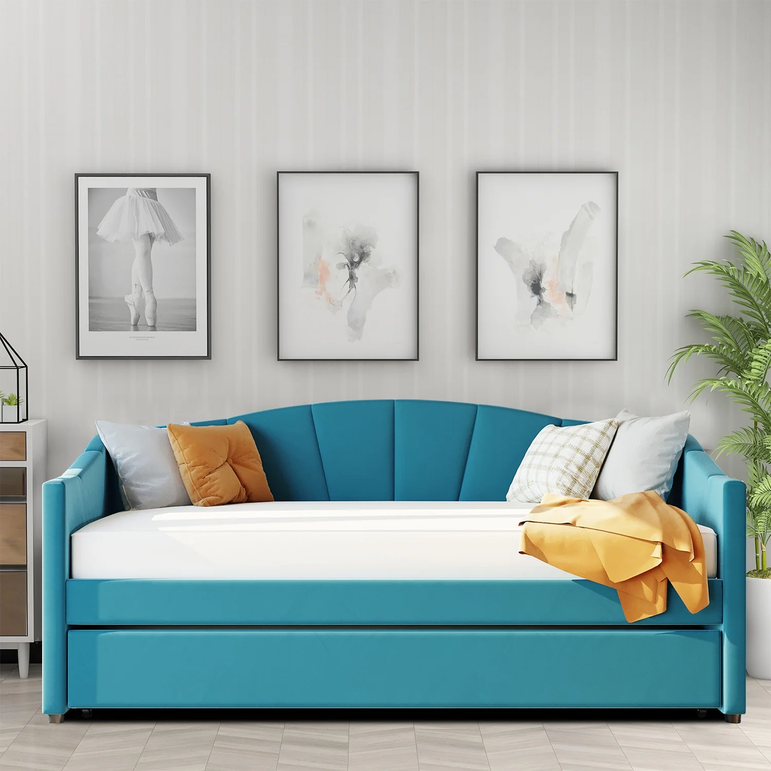 Elegant Twin Size Velvet Fabric Upholstered Daybed with A Trundle, Blue
