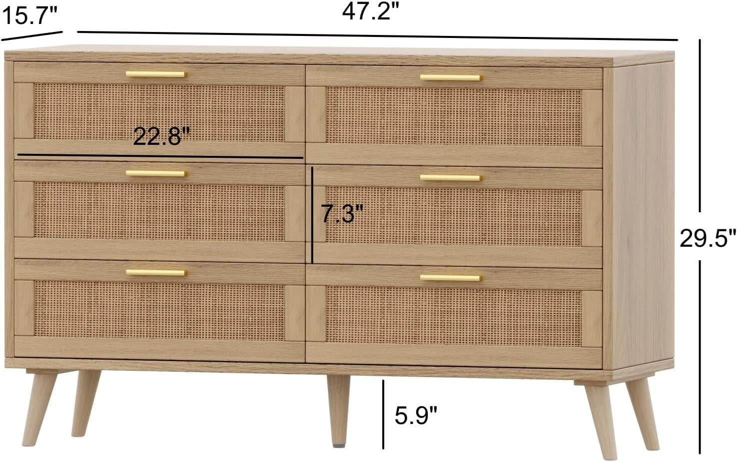 6 DrawerS Double Dresser for Bedroom, with Golden Handles, Beside Table for Closet, Living Room and Entryway, Natural