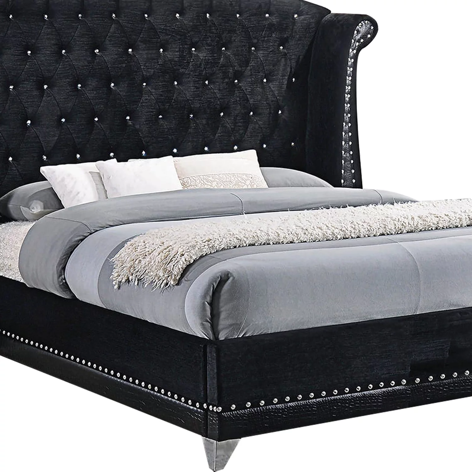Benjara Velvet Upholstered Wooden Queen Size Bed with Shelter Style Headboard,Black