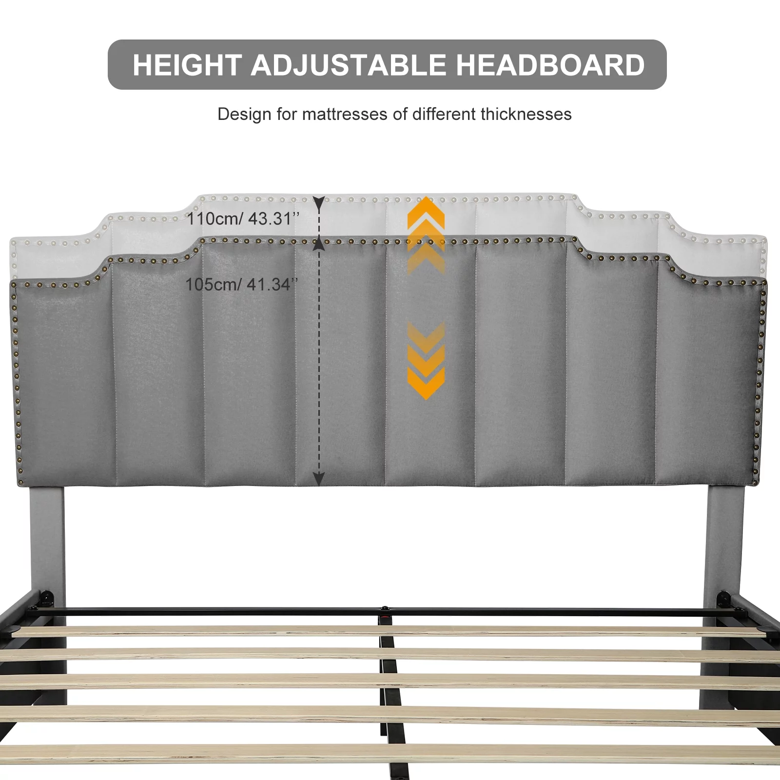 OWSOO Queen Size Platform Bed with 2 Large Drawers Linen Padded Adjustable Headboard Wooden Slats System Easy Assembly GRAY