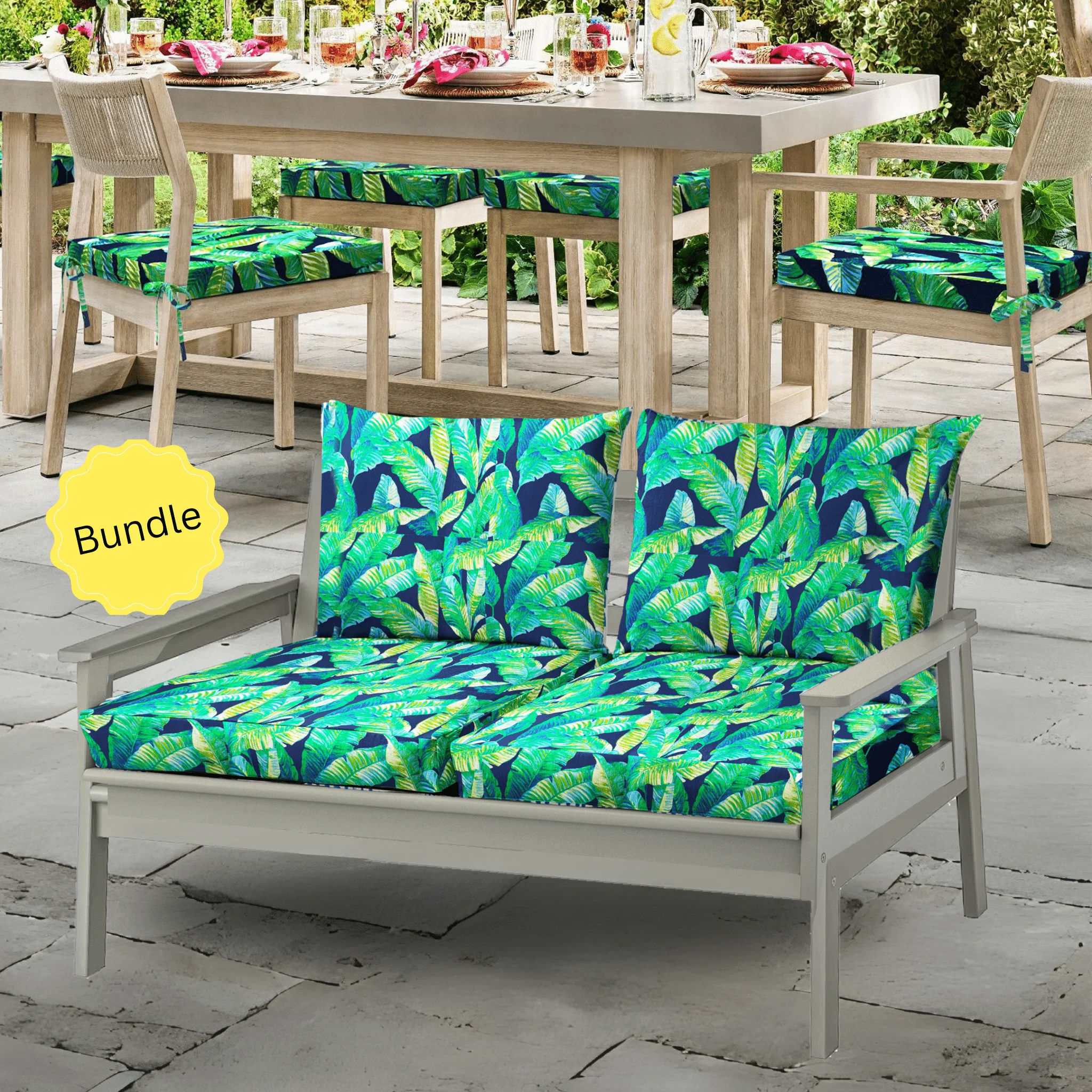 8-PIECE DELUXE BUNDLE Outdoor Cushion Cover Set and Chair Pads – Compatible with IKEA Duvholmen, Blue Palms