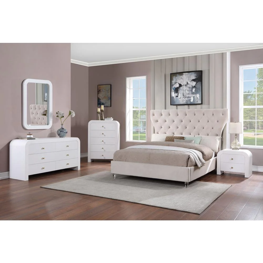 Bellagio Cream Tufted Velvet California King Platform Bed with Acrylic Legs