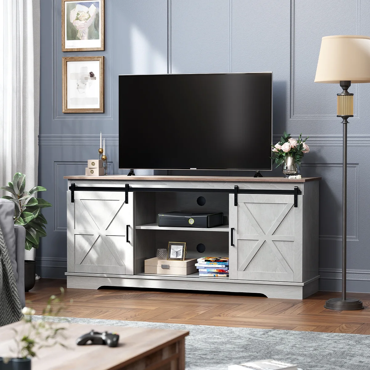 Dextrus Farmhouse TV Stand for 65 inch TV, Entertainment Center for 300lbs with Double Barn Doors, TV Media Console, Grey Wash