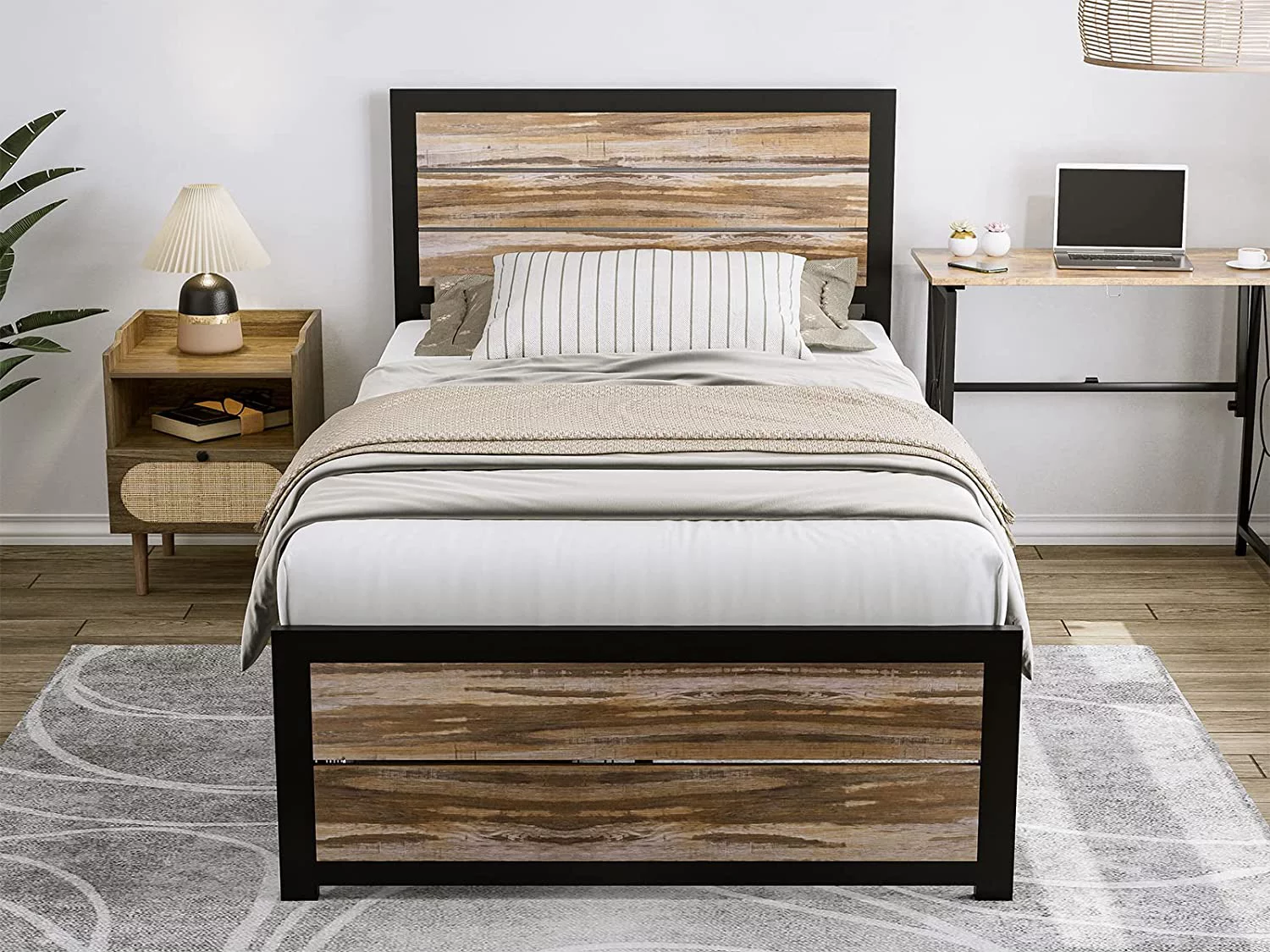 IKIFLY Industrial Twin Bed Frame with 2 Storage Drawers, Metal Twin Platform Bed with Wooden Headboard Footboard, Mattress Foundation / No Box Spring Needed, Easy Assembly - Light Brown