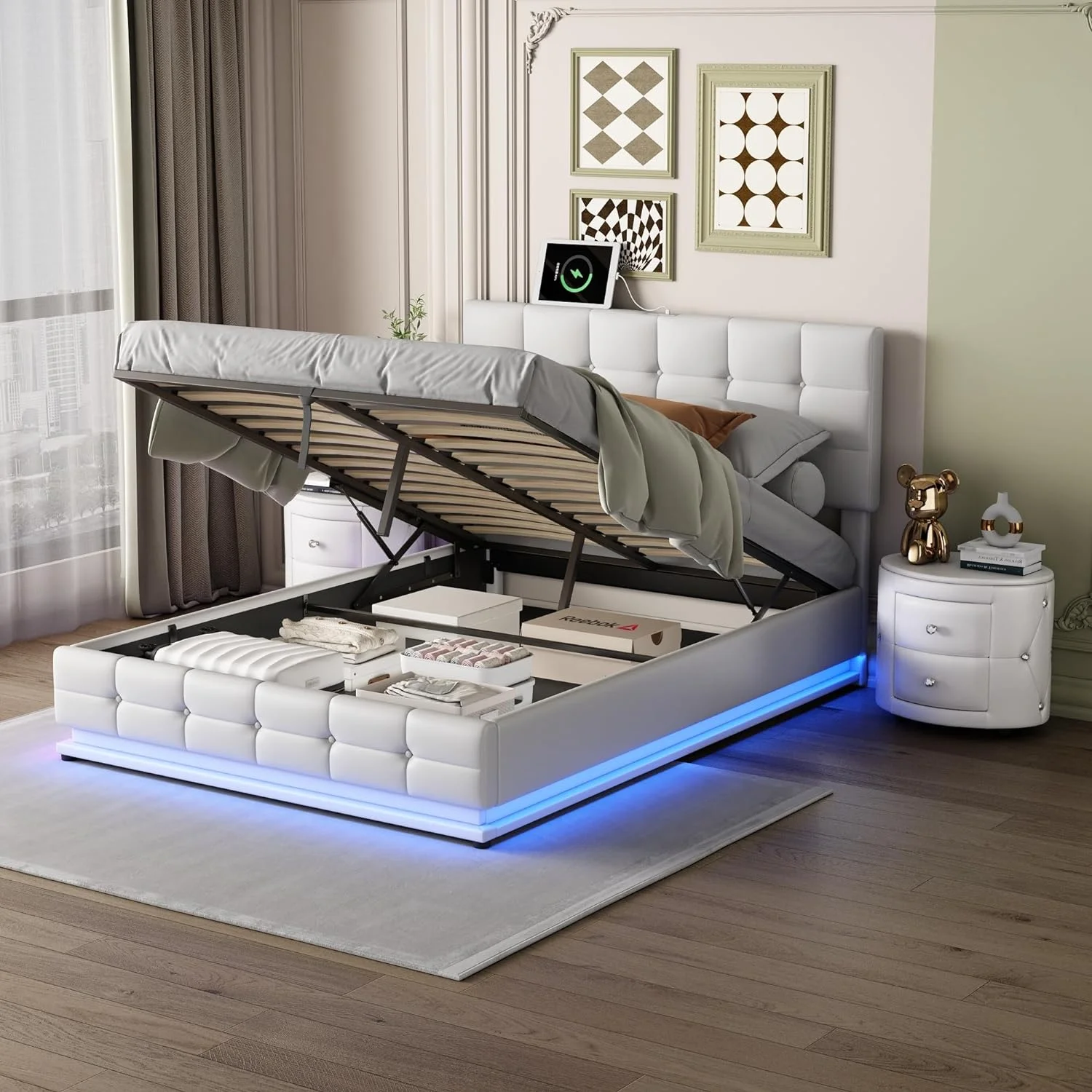Queen Bedroom Sets, Bedroom Furniture Sets Included Queen Size Upholstered Bed Frame With Lift-Up Storage,LED Lights, USB Charging Station And Two Nightstands,White