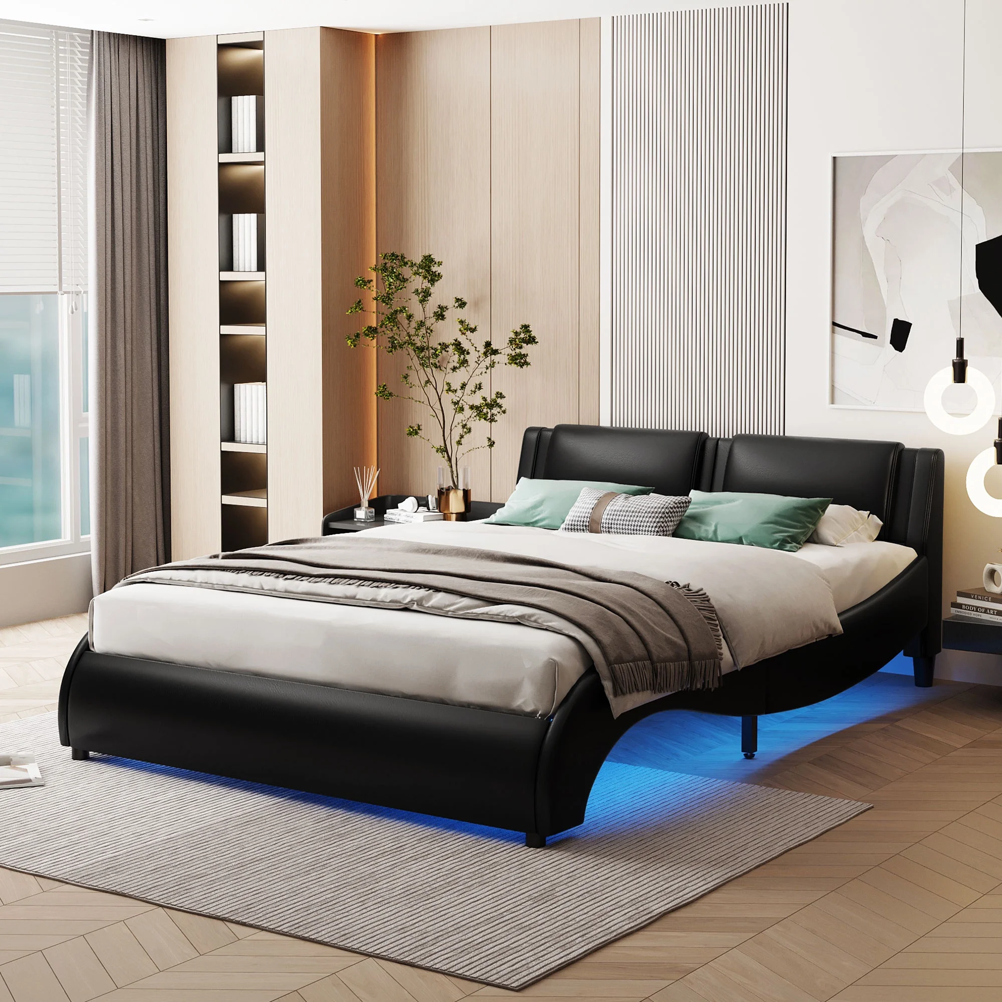 Bellemave Full Size Upholstered Platform Bed with LED Lights Underneath,Faux Leather Platform Bed Frame with Headboard and Slatted for Bedroom(Full,Black)