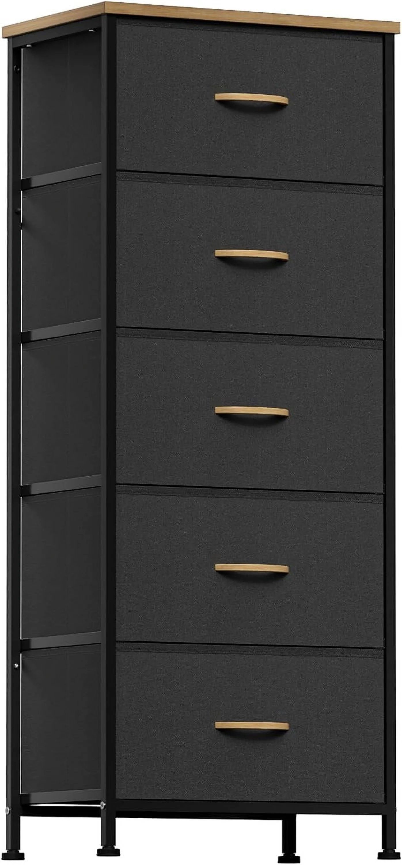 Dresser for Bedroom with 5 Drawers, Tall Storage Tower for Closet, Living Room, Nursery, Black Dresser with Sturdy Steel Frame, Fabric Bins, Wood Top, Black
