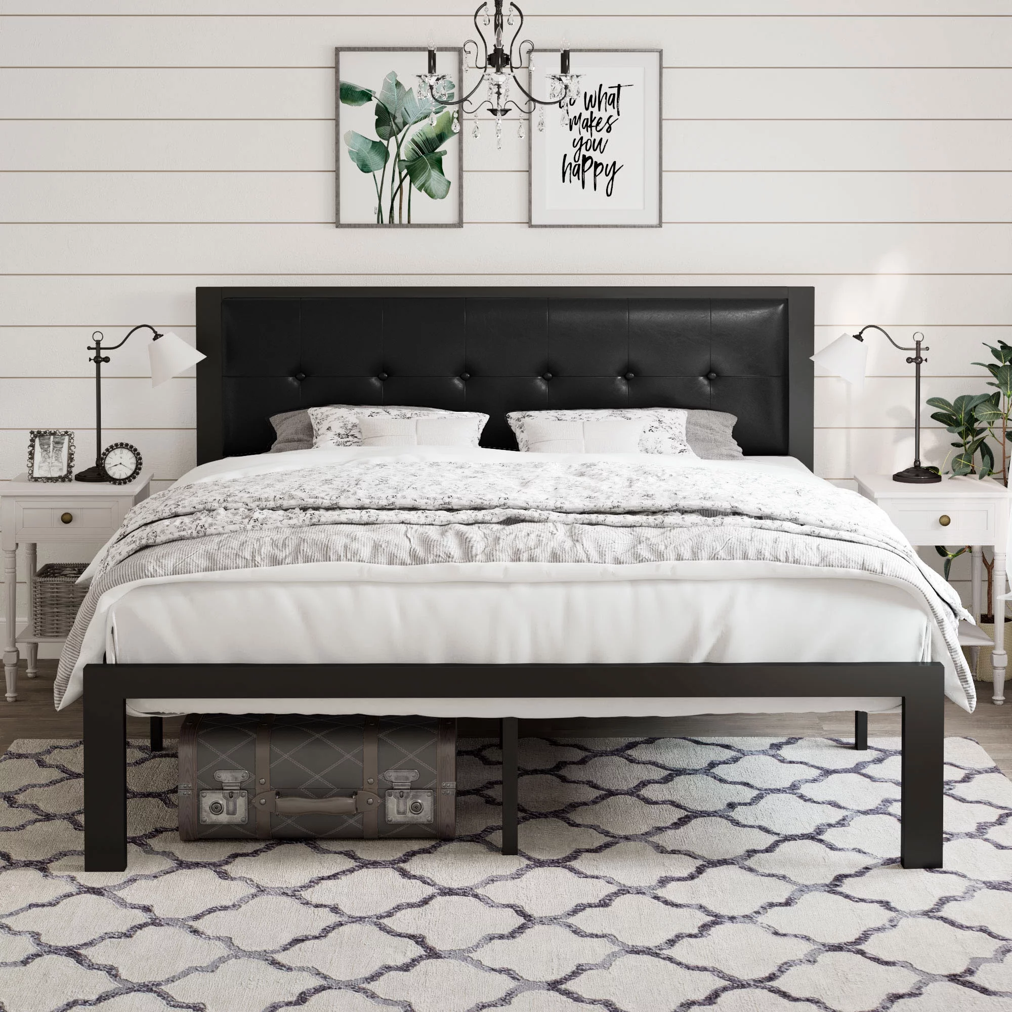 Amolife Full Faux Leather Platform Bed with Button Tufted Headboard and 17 Strong Steel Slats, Black