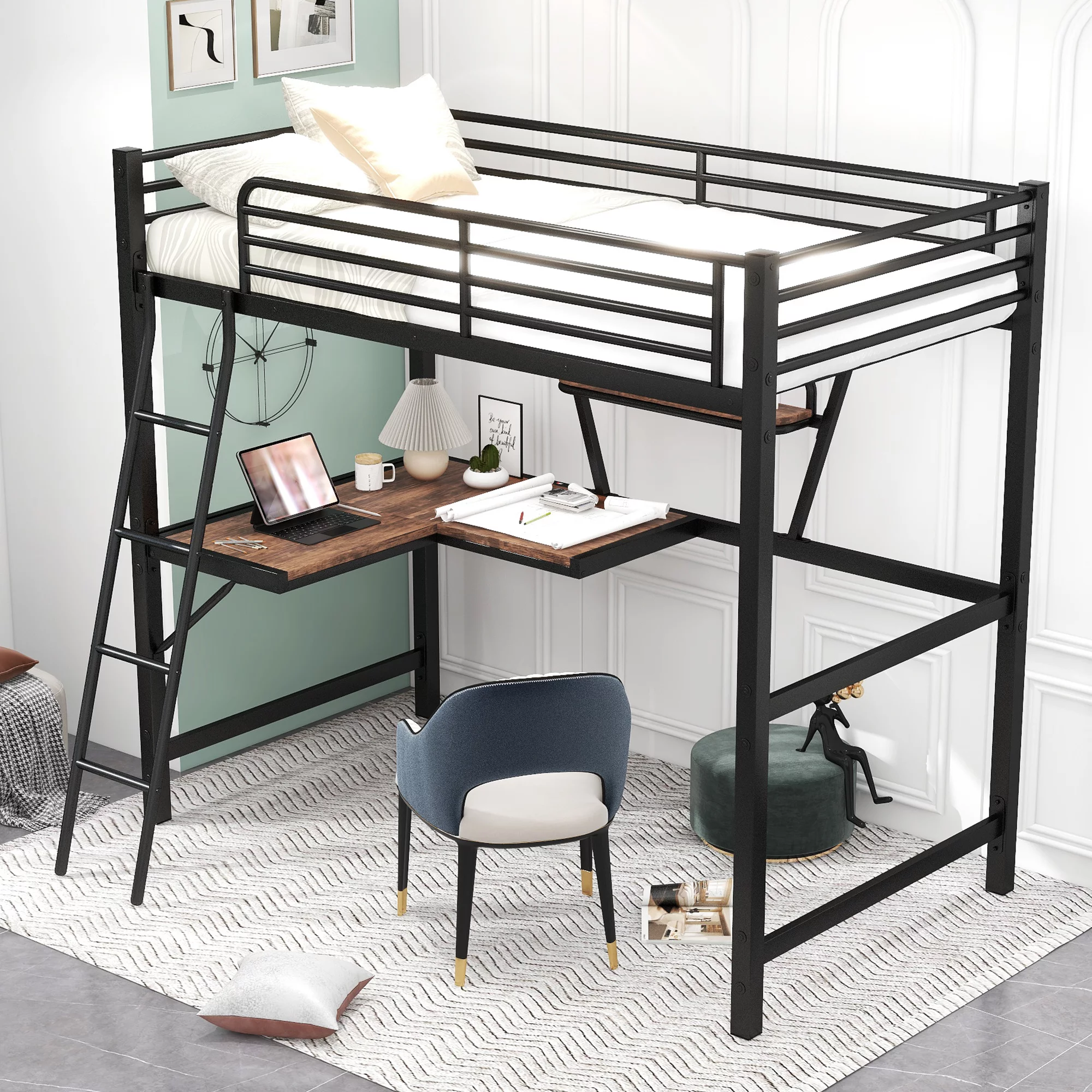 CoSoTower Twin Size Loft Metal&MDF Bed with Desk and Shelf, Black