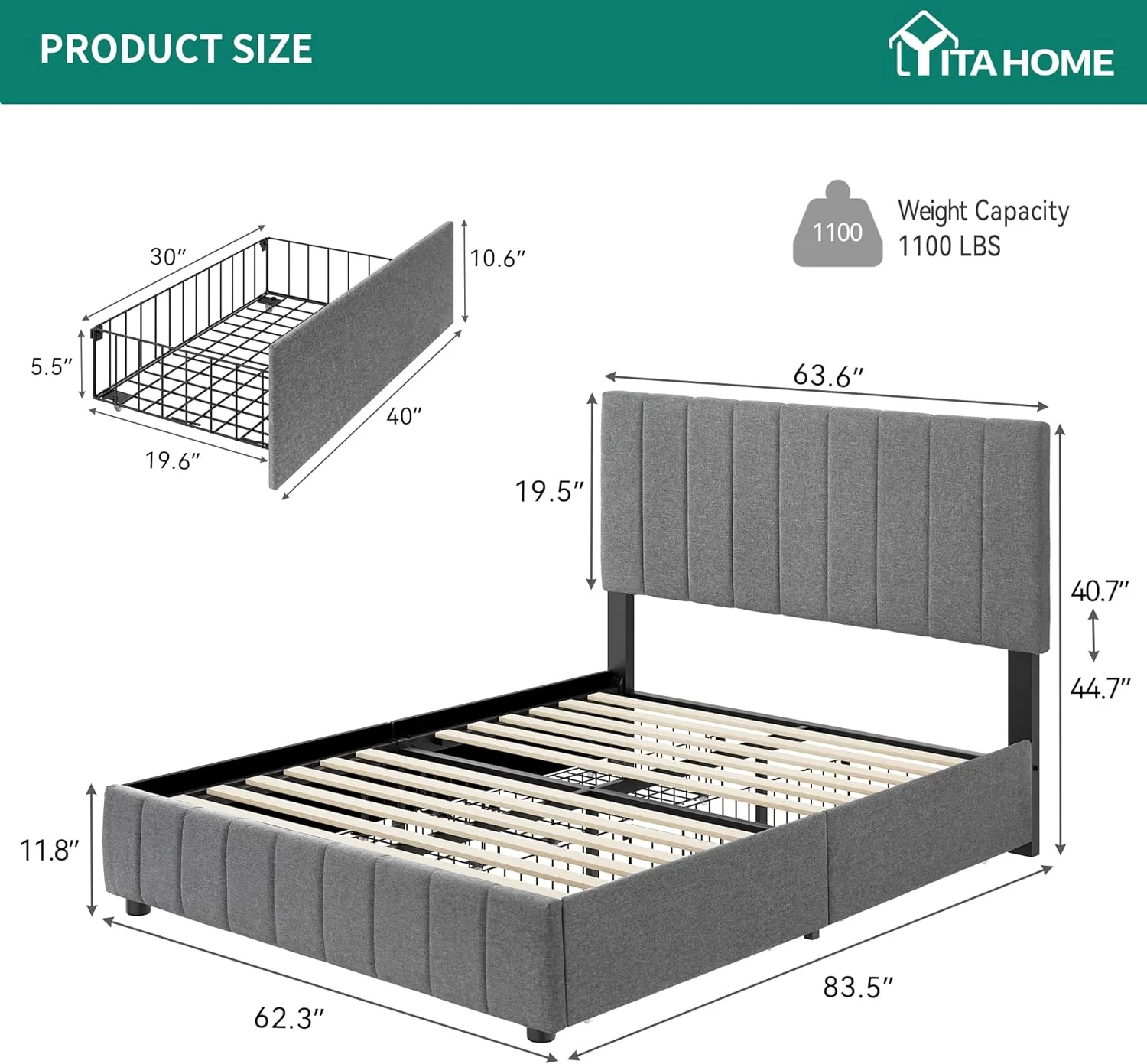 WAGEE Upholstered Platform Bed Frame with 4 Storage Drawers and Adjustable Headboard, Mattress Foundation with Sturdy Wood Slat Support, No Box Spring Needed, Grey(Queen)