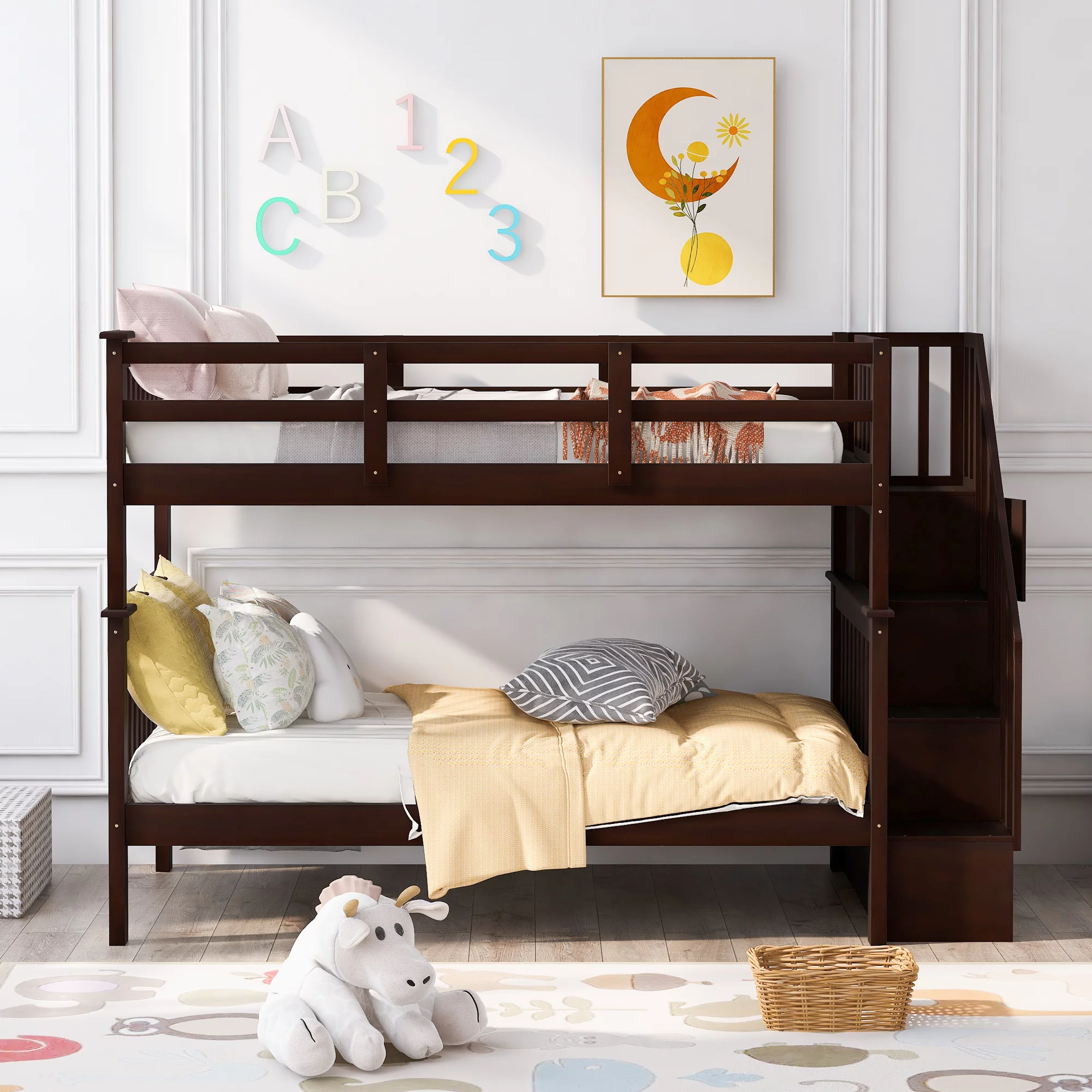 Abanopi Stairway Twin-Over-Twin Bunk Bed with Storage and Guard Rail for Bedroom, Dorm, Espresso color