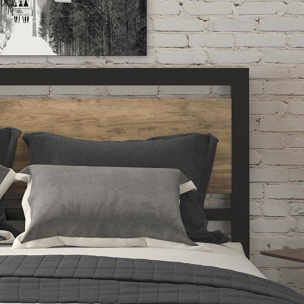 Sha Cerlin Brown Queen Size Metal Platform Bed Frame with Wooden Headboard & Footboard, Adult