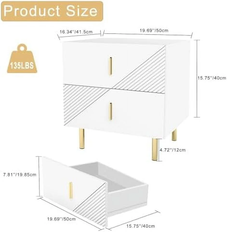 xrboomlife White Nightstand Set of 2 Modern Bedside Table 2 Drawers End Tables Large Side End Table Small Dresser Wood Bedroom Ripple Cabinet Bedroom Organizer