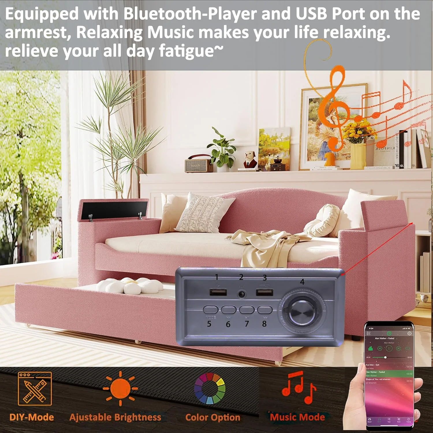 Twin Size Upholstered Daybed with Storage Armrests, Trundle and Latest Integrated Bluetooth Audio System, Teddy Fleece