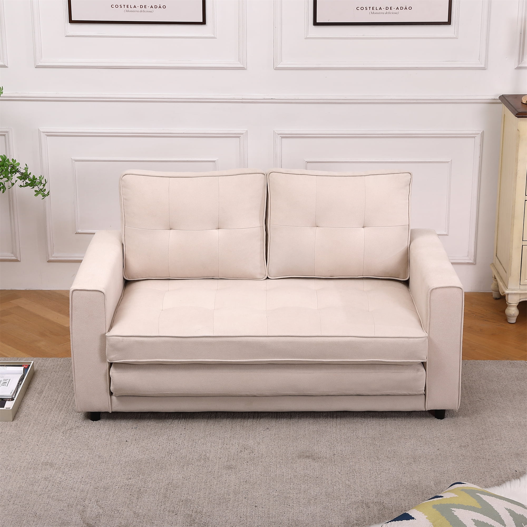 Buenhomino Folding Sofa Bed with Two Storage Pockets, Linen Convertible Foldable Couch Bed, Loveseat Sleeper Sofa for Living Room, Apartment, Beige