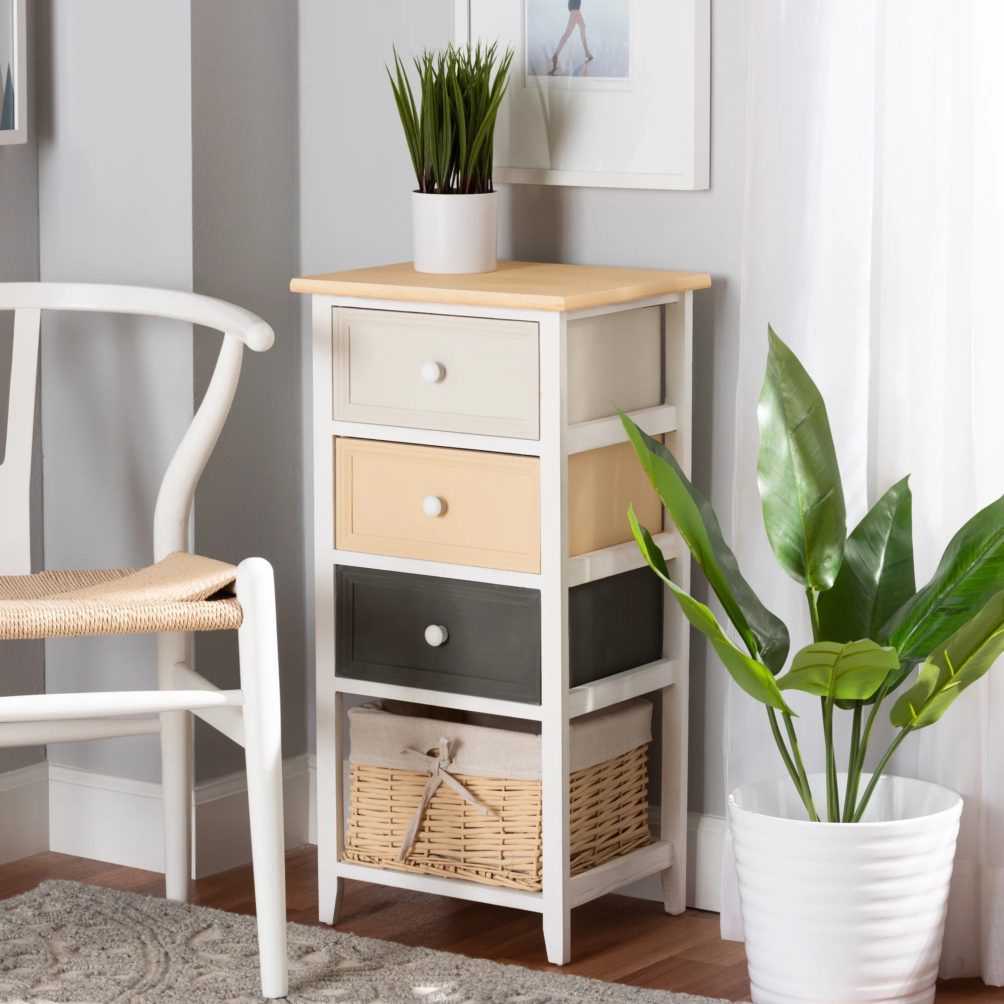 Baxton Studio Adonis Mid-Century Modern Transitional Multi-Colored Wood 3-Drawer Storage Unit with Basket