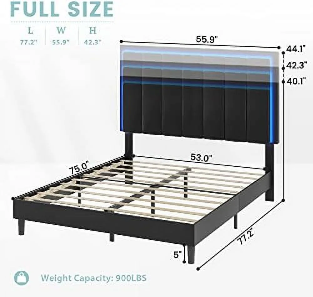 KHBIULIFE King Bed Frame with Headboard and LED Light Vegan Leather Upholstered King Size Platform Bed  Headboard Height Adjustable  No Box Spring Needed  Noise Free  Easy Assembly  White