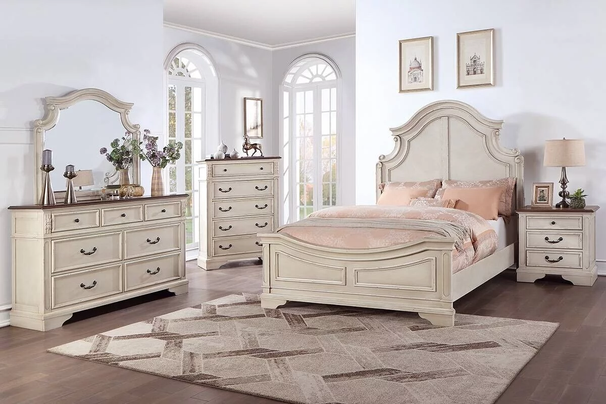 Formal Look Gorgeous California King Size Bed and 2x Nightstands 3pc Set Bedroom Furniture Cream Finish 3pc Set Unique HB FB