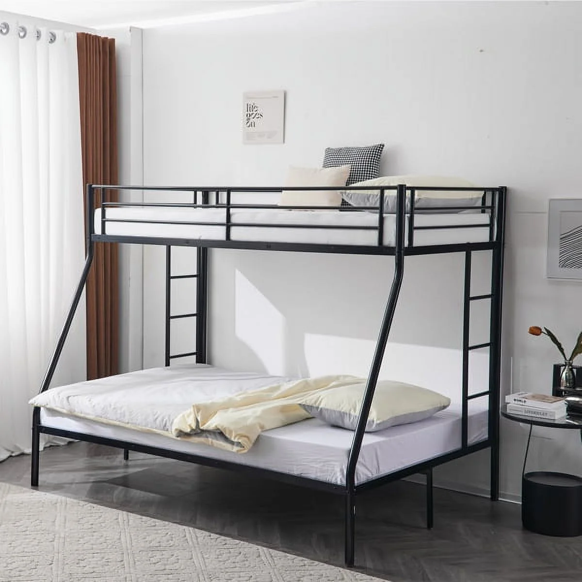 SYTHERS Twin Over Full Bunk Bed with Trundle, Metal Triple Bunk Beds for Kids Teens Adults, with Two Side Ladder and Guardrails, No Box Spring Needed, Black