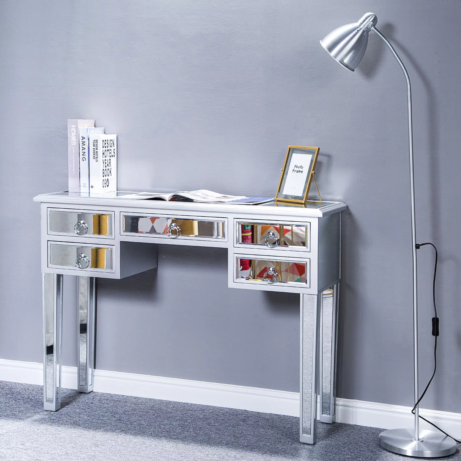 Ktaxon 5-Drawer Mirrored Makeup Table Console Table- Mirrored Desk Vanity Furniture Nightstand Glass (Silver)