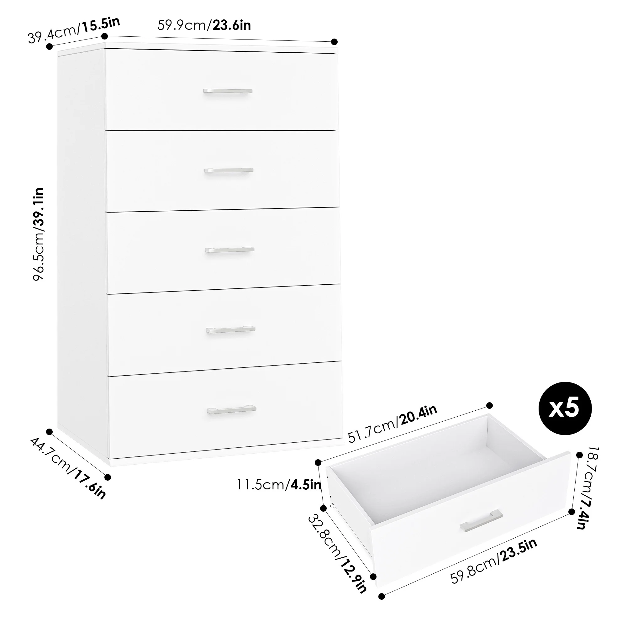 Homfa White Dresser with 5 Drawers, Vertical Chest of Drawers Wood Storage Cabinet for Bedroom Living Room