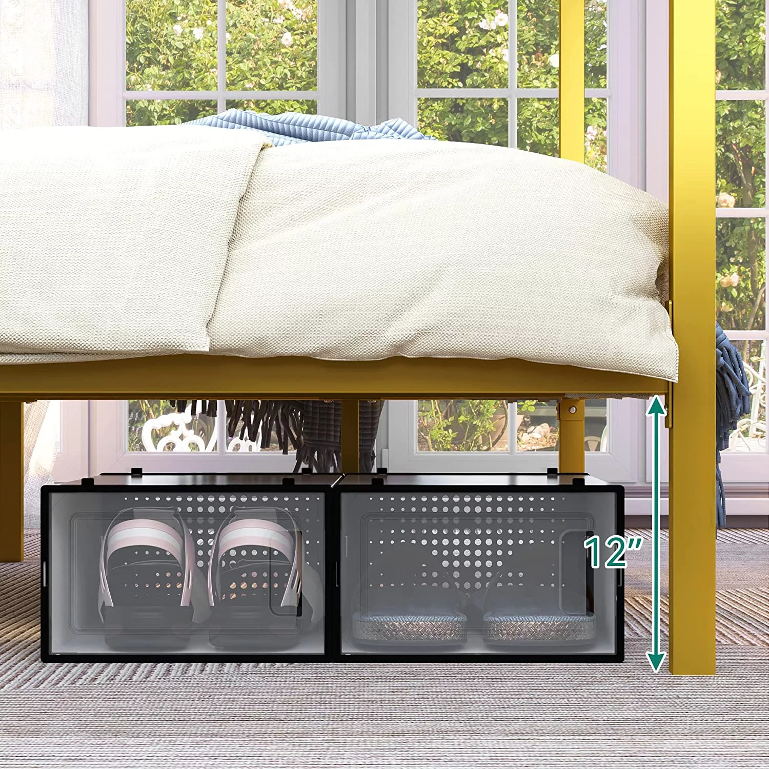 Dextrus Metal Four Poster Canopy Bed Frame 14 Inch Platform with Built-in Headboard Strong Metal Slat Mattress Support, No Box Spring Needed, Gold, King Size