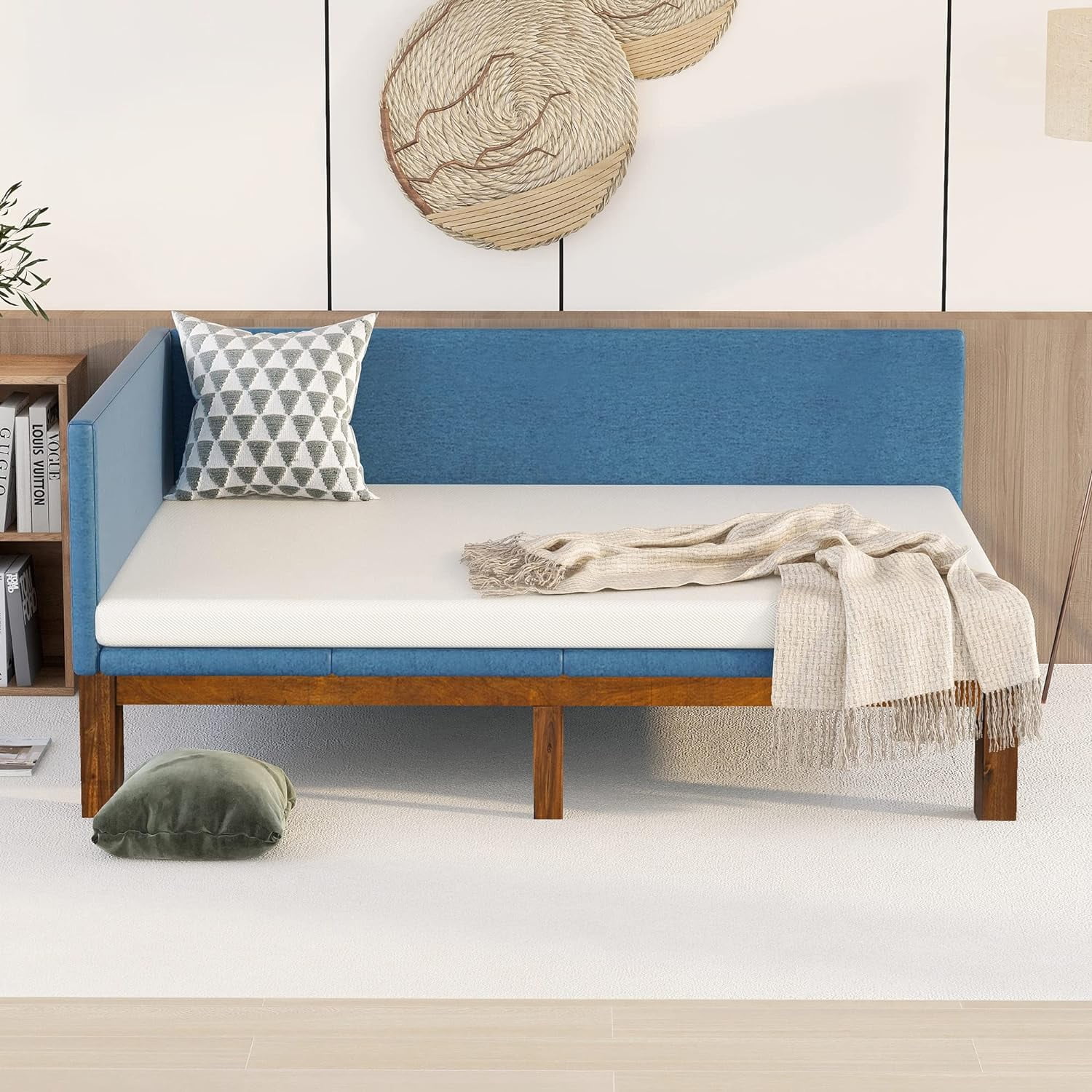 Upholstered Full Size Daybed Frame, Full Daybed With Slat Support, Wooden Full Bed, Sofa Bed Full Size For Living Room Bedroom, No Box Spring Needed (Full, Blue)