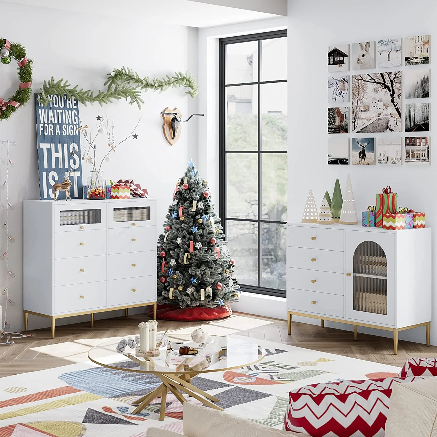 White Dresser for Bedroom  Modern Dresser Wood Dresser with Waveform Glass Door and Gold Metal Legs  White and Gold Dresser Storage Chest of Drawers for Bedroom Living Room Hallway Entryw