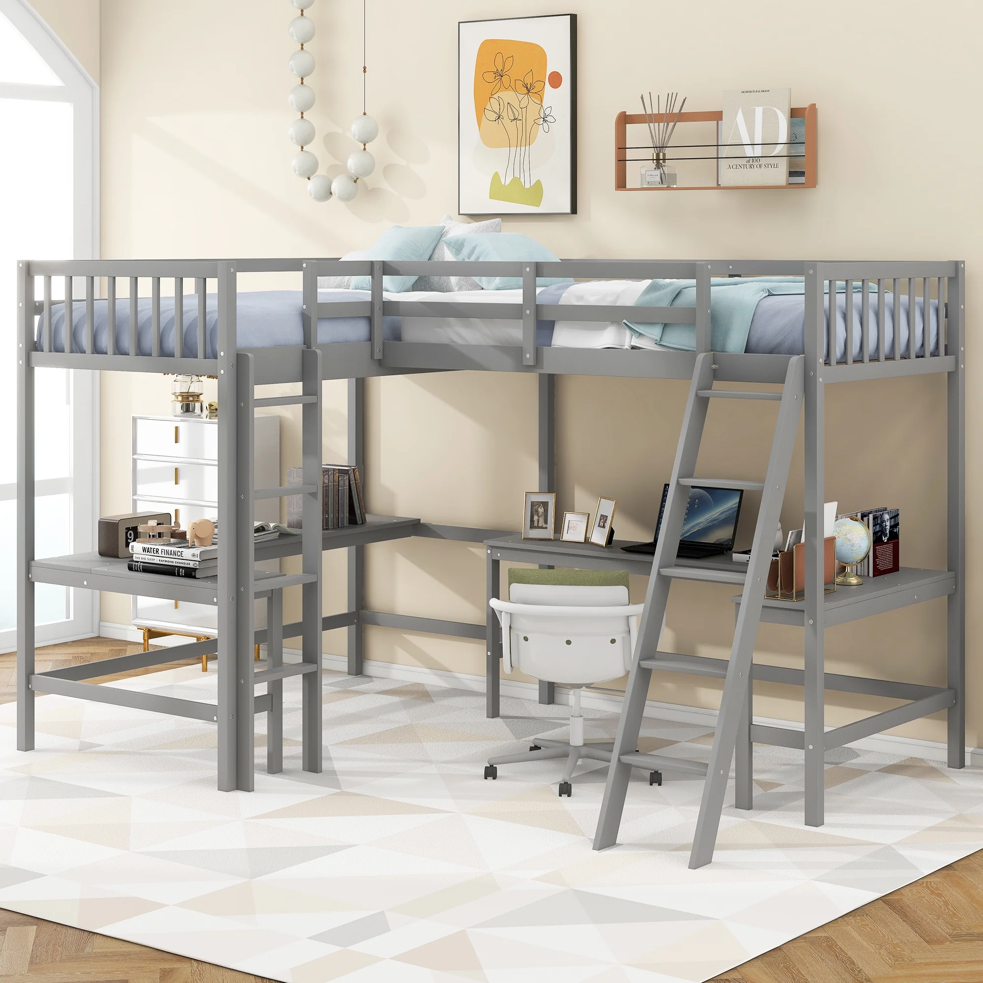 Euroco Twin Size L-Shaped Wood Loft Bed with Built-in Desks, 2-in-1 Loft Bed for Kids Teens Adults, Gray