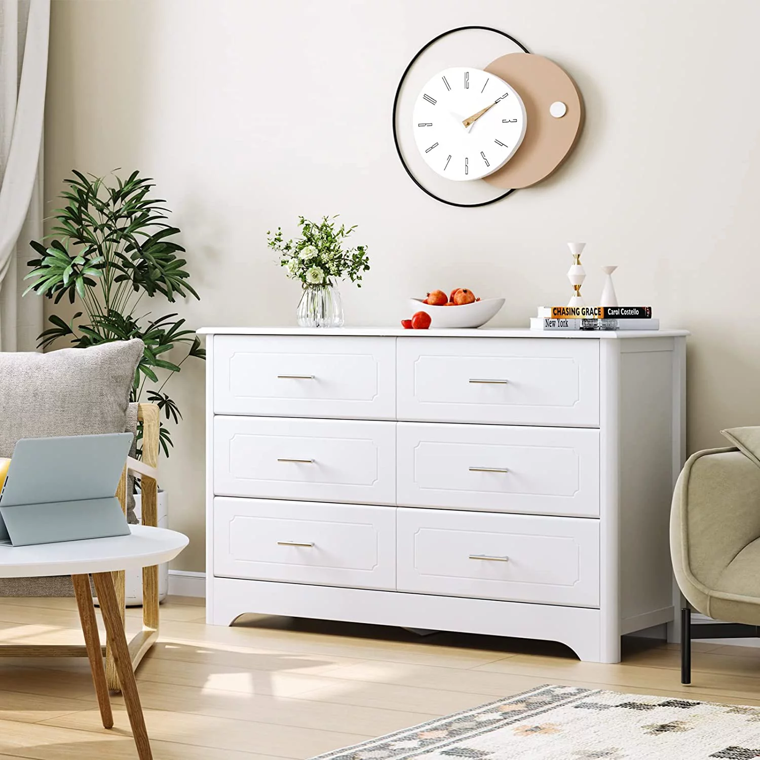 HOSATCK 6 Drawer Dresser White Wide Chest of Drawers with Metal Handels Wood Double Dresser Chest Organizers for Living Room Hallway Entryway White