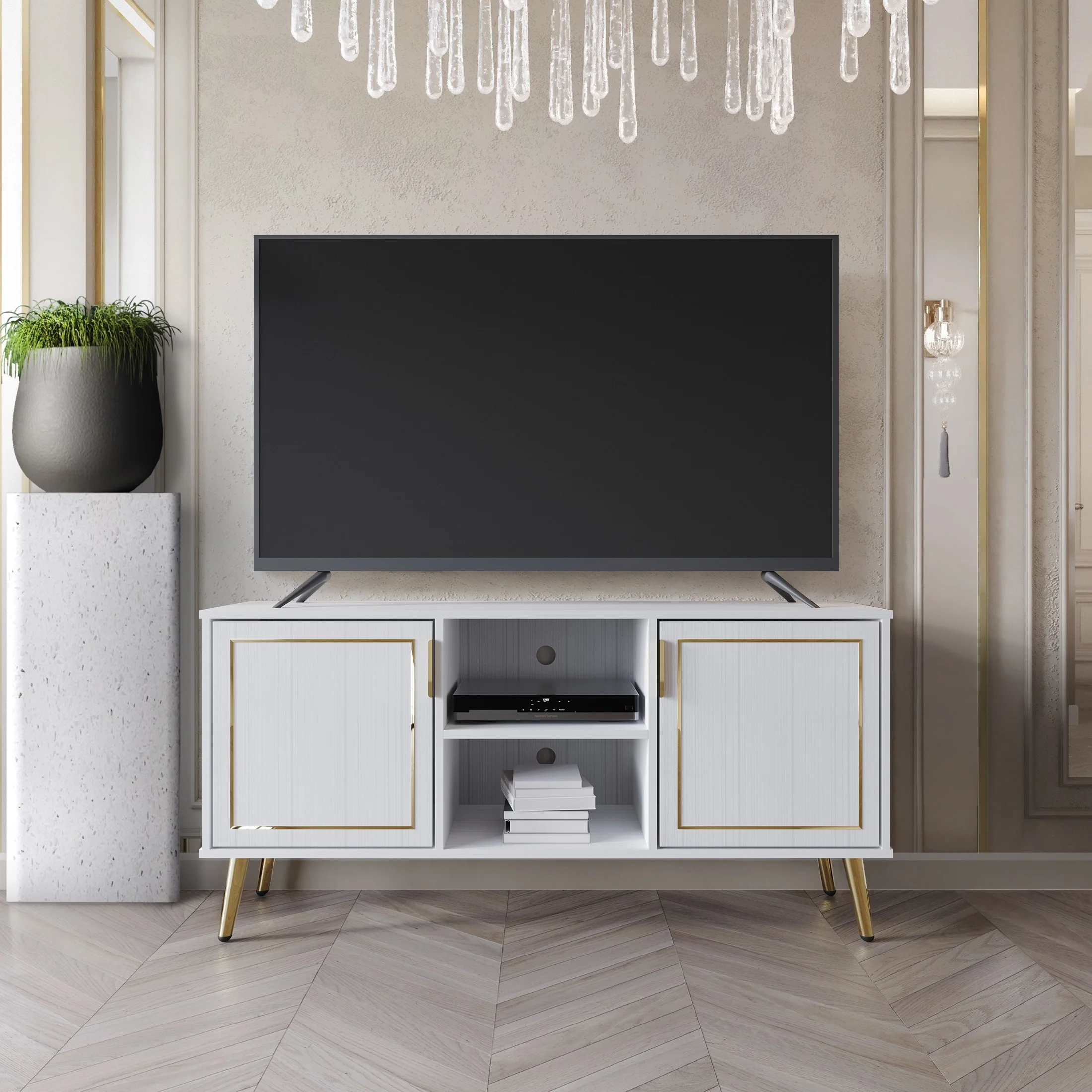 CraftPorch  Elegant Modern Gold Metal Legs TV Stand Console White