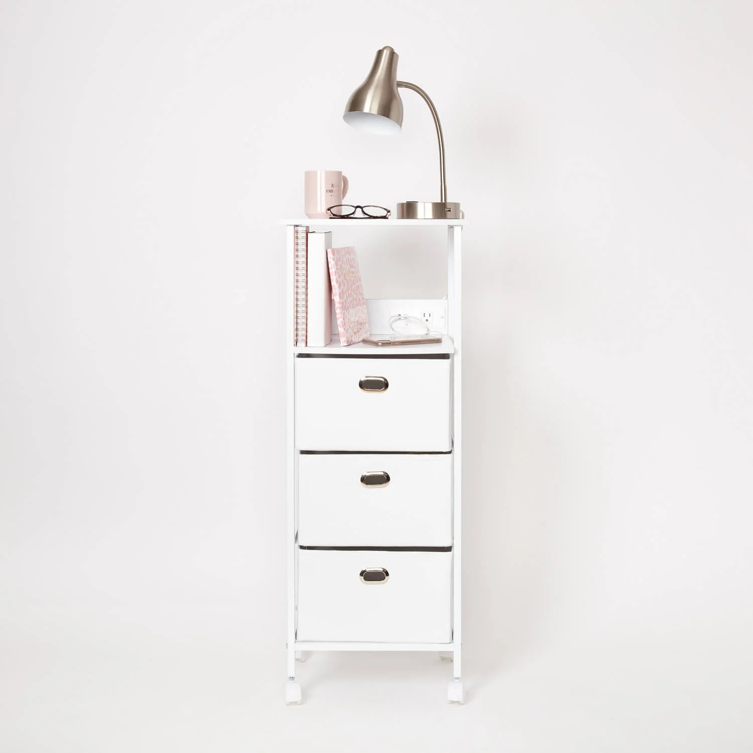 Dormify's Sutton Charging Drawer Storage Cart with 3 Drawers, 2 USB Ports and Power Outlet in Grommeted White, Bedroom, Bathroom, Kid's Room, Dorm & Gift