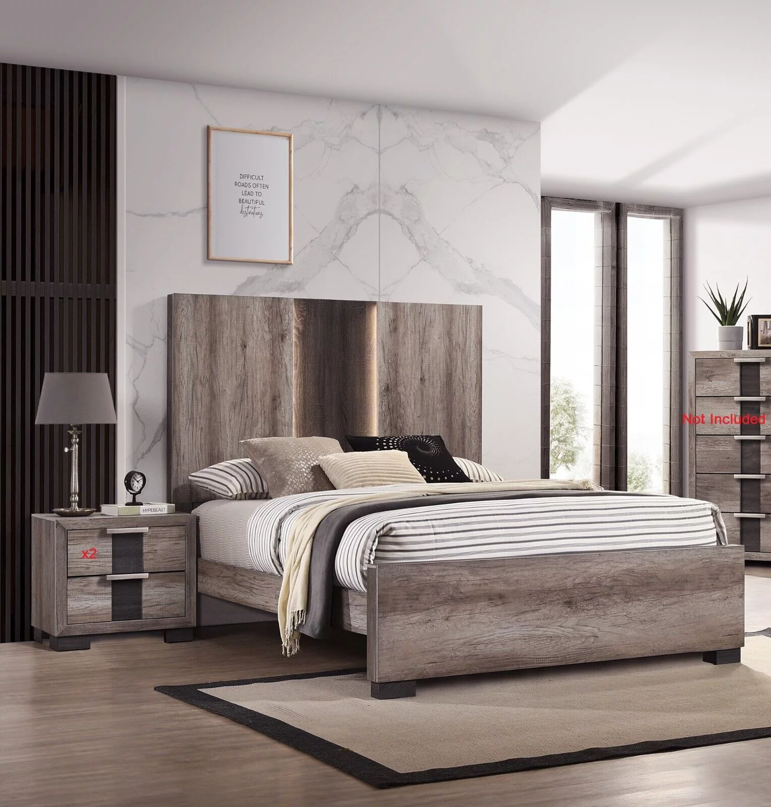 3Pc Beautiful Bedroom Suite Gray/Black Finish King Size Sleek Bed Nightstand Set