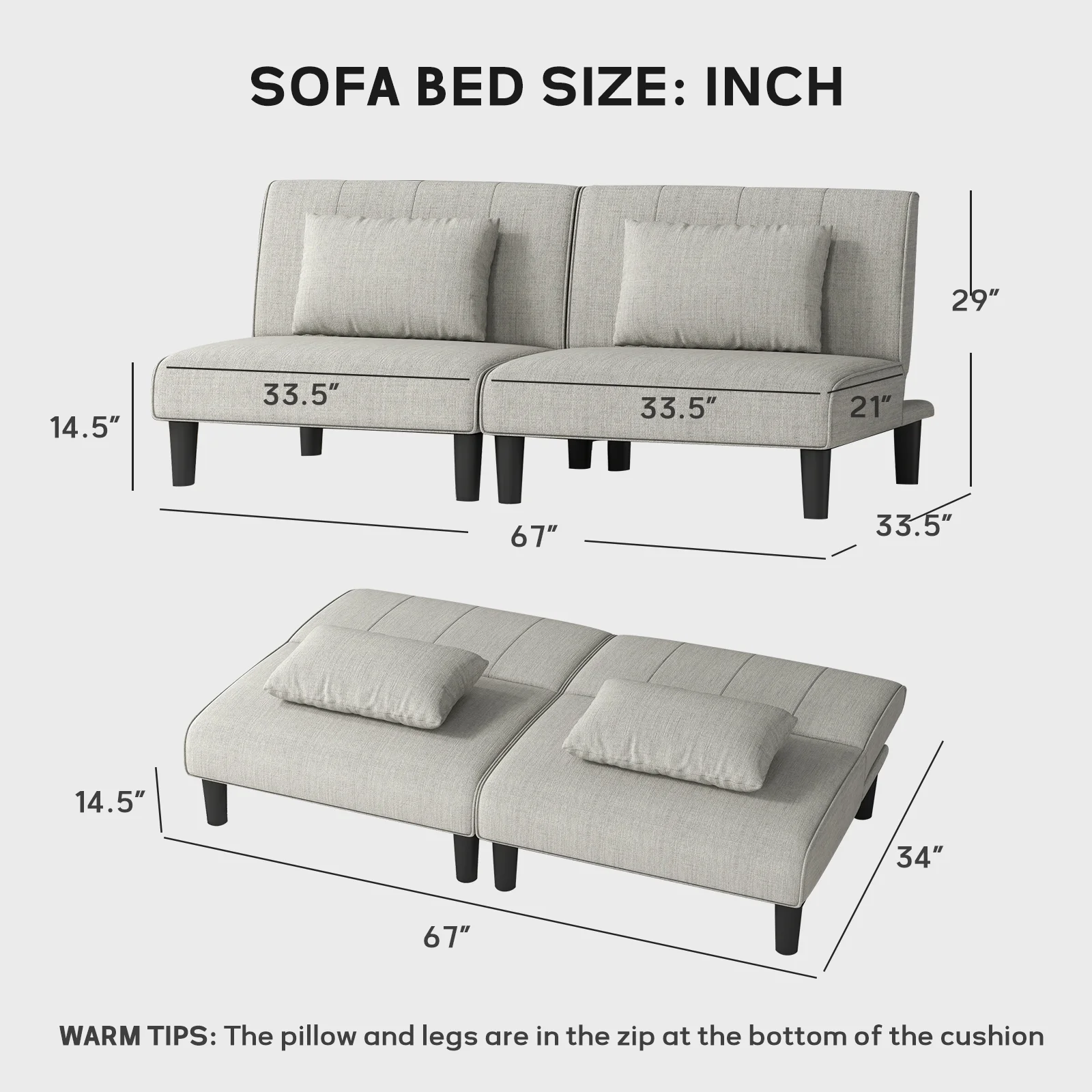 Bonzy Home Futon Versatile 2-Seater Linen Folding Sofa Bed- Elegant Guest Bed,Grey