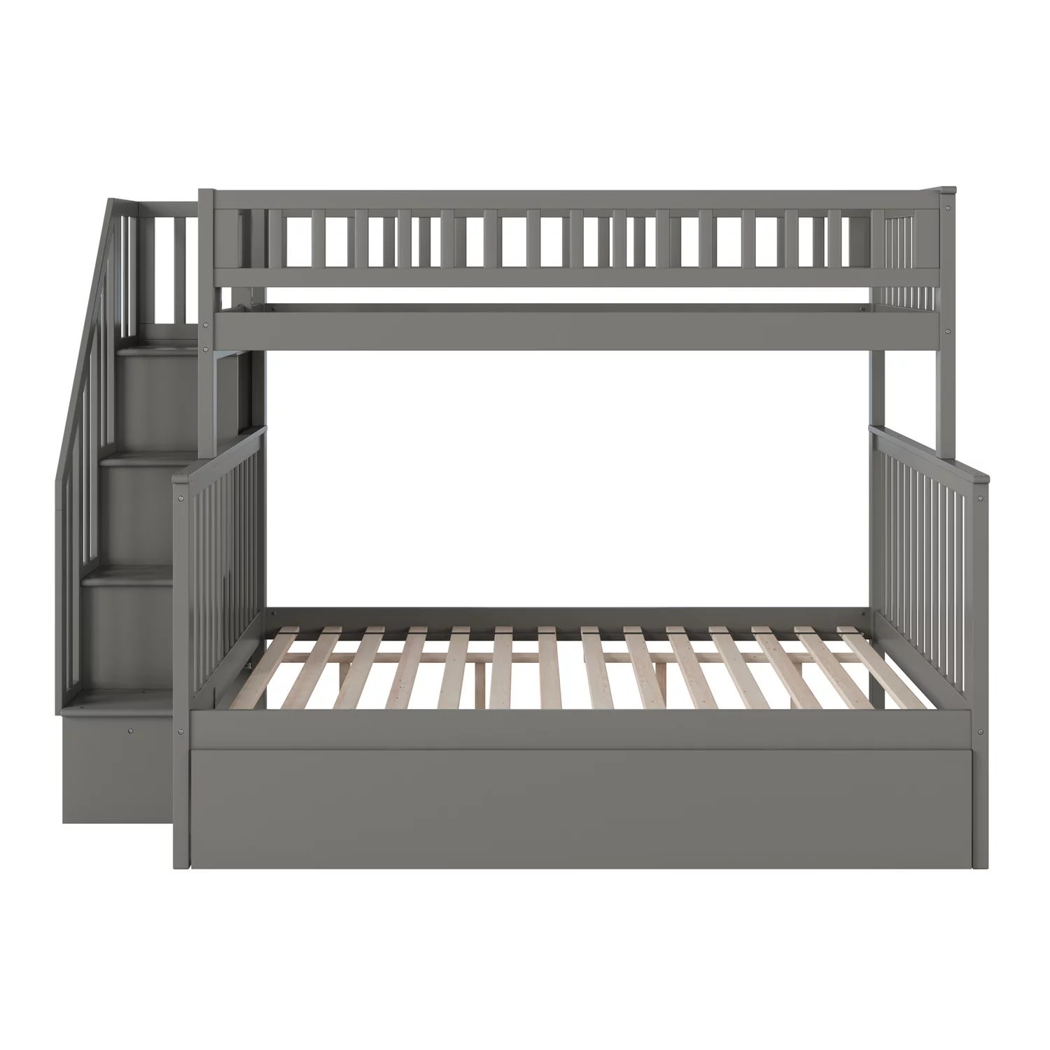Atlantic Furniture Woodland Staircase Bunk Bed Twin Over Full with Full Size Urban Trundle Bed in Grey