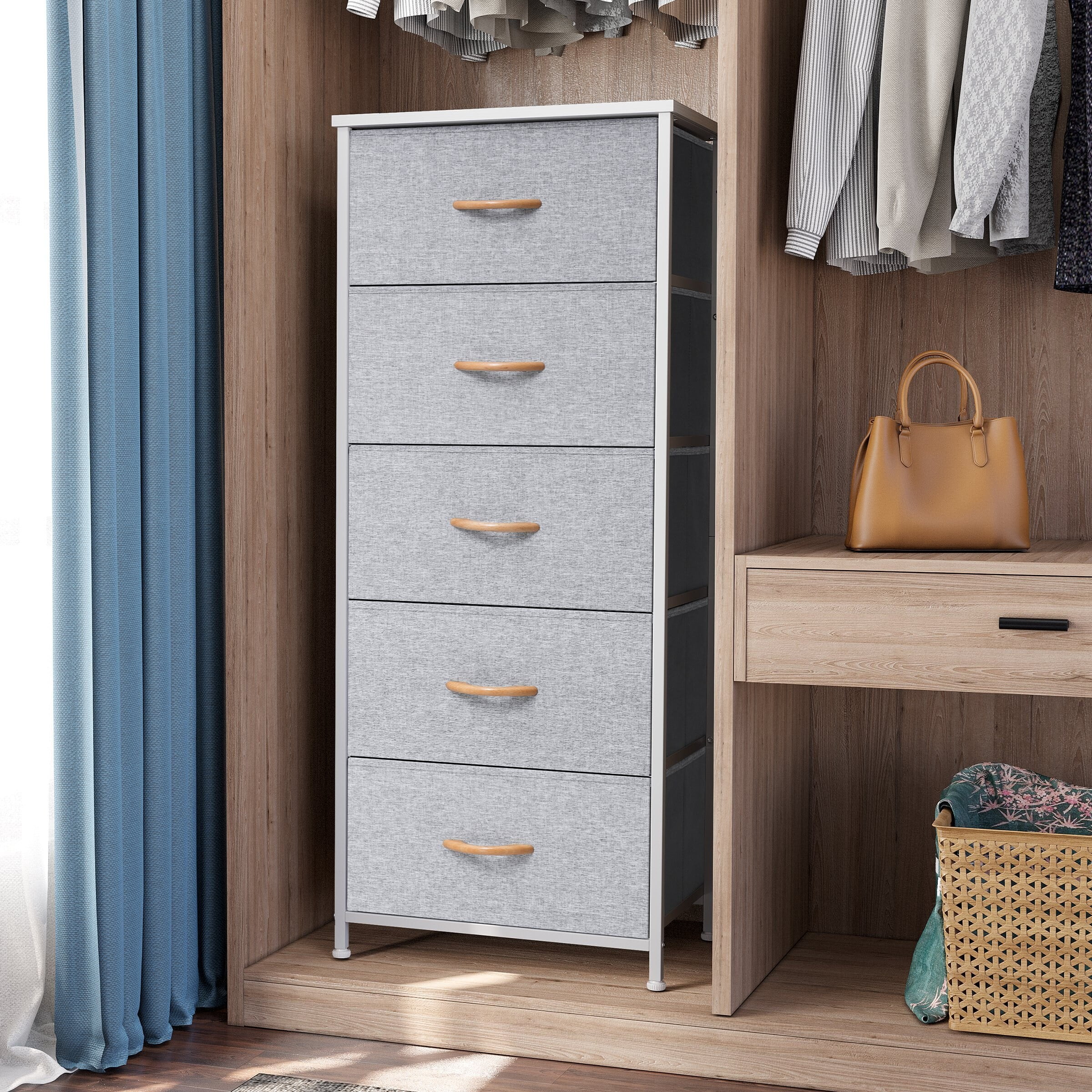 Crestlive Products Home Bedroom Furniture 5-drawer Chest Vertical Storage Tower - Fabric Dresser Light Grey Light Wood