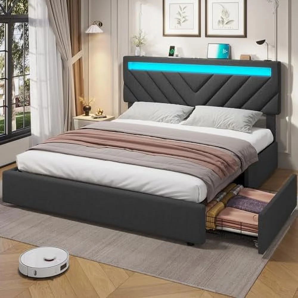 RUNFAYBIU Queen LED Bed Frame with Drawers 2 USB Charging Station Upholstered Platform Bed with & LED Lights Headboard No Box Spring Needed Light Grey
