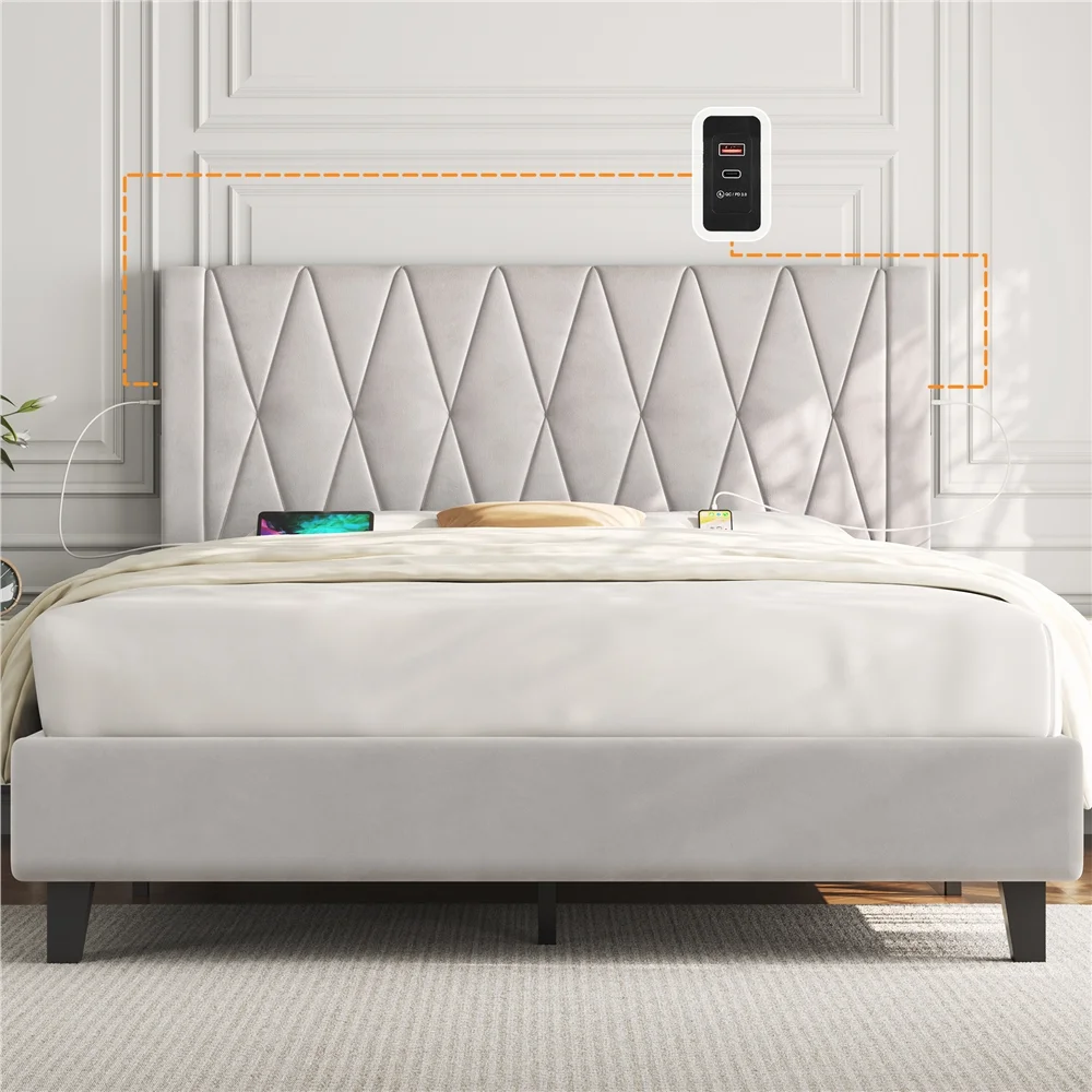 Smile Mart Full Size Upholstered Bed with Tufted Headboard & Built-In USB Ports, Beige