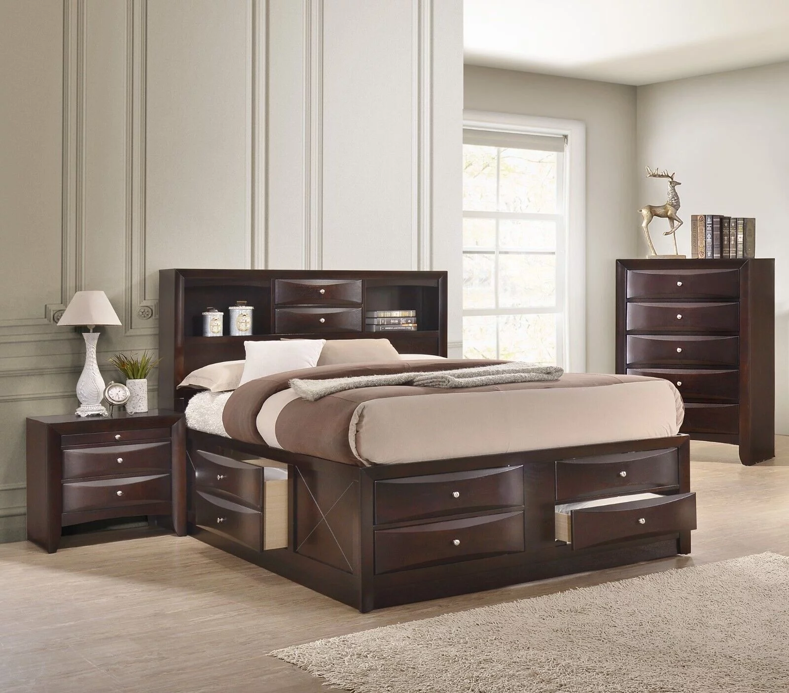 Contemporary King Size 3pc Bedroom Set Storage Bed Chest Nightstand Brown Cherry Finish Solid Wood Furniture