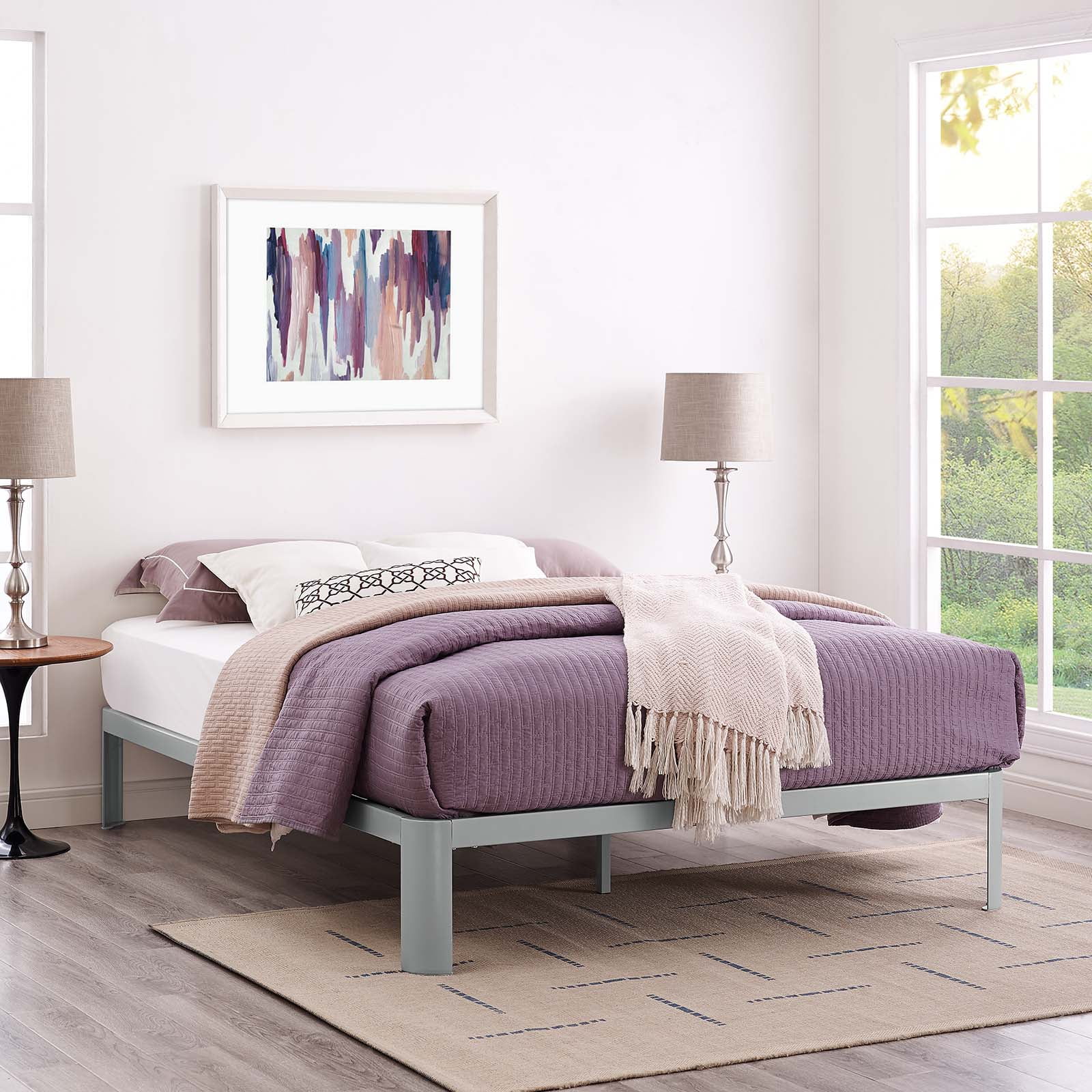 Modern Contemporary Urban Design Bedroom Full Size Platform Bed Frame, Grey Gray, Metal Steel