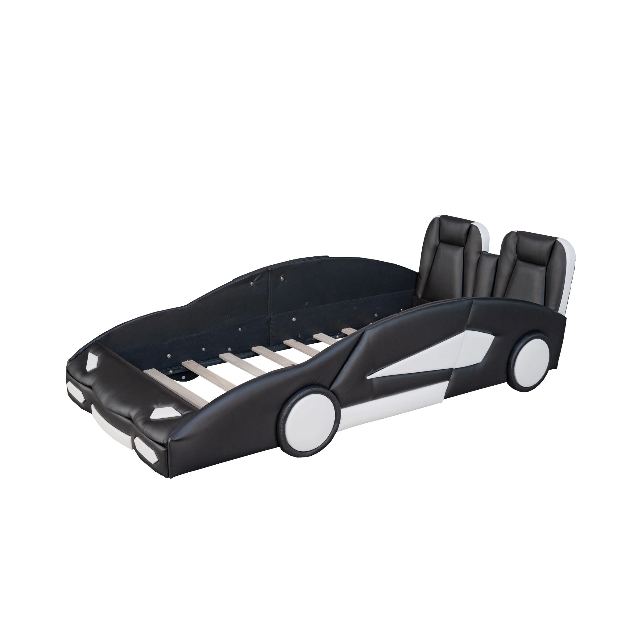 Twin Size Modern Wood Race Car-Shaped Plattform Bed with Seat Wingback & Wheels, Floor Bed for Boys Girls, No Box Spring Needed Black - Twin
