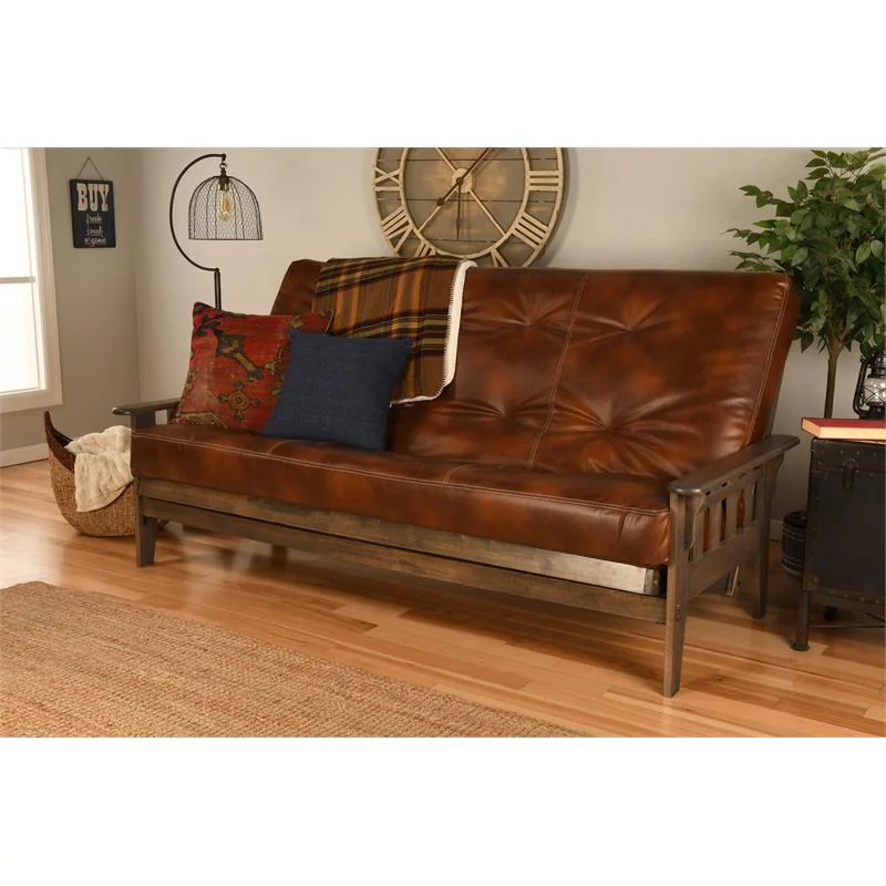 Pemberly Row Queen Futon with Faux Leather Mattress in Saddle Brown