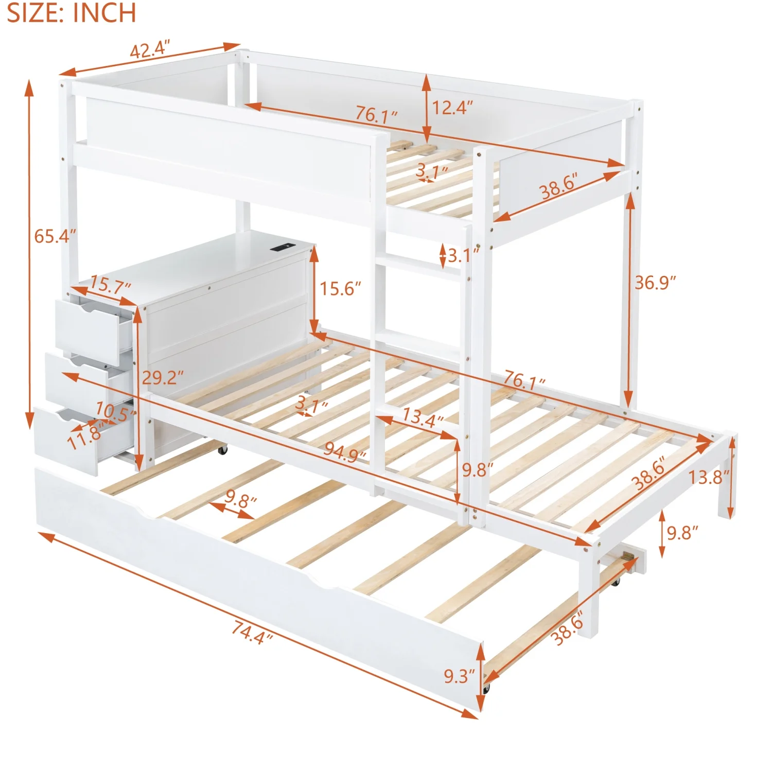 Churanty Twin Over Twin Bunk Bed with Trundle and Desk, Solid Wood Bunk Bed Frame with Storage Drawers and shelves for Kids Girls Boys Bedroom,White