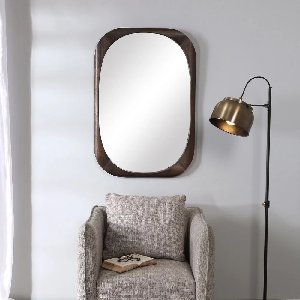 Modern Oval Wall Mirror in Dark Walnut Stain Finish with Rounded Edges Solid Wood Frame 26 inches W X 38 inches H Bailey Street Home 208-Bel-3315305